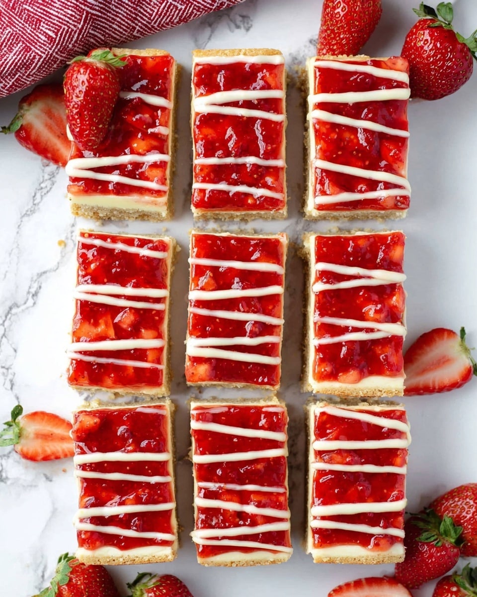 The image shows rectangular pieces of strawberry cheesecake bars with three visible layers: a crumbly brown base, a thick creamy white middle layer, and a shiny red strawberry topping with visible strawberry chunks. The top layer is decorated with white icing drizzled in thin wavy lines across each bar. The bars sit on a white marbled surface with some crumbs scattered around and a halved fresh strawberry in the lower right corner. Photo taken with an iphone --ar 4:5 --v 7