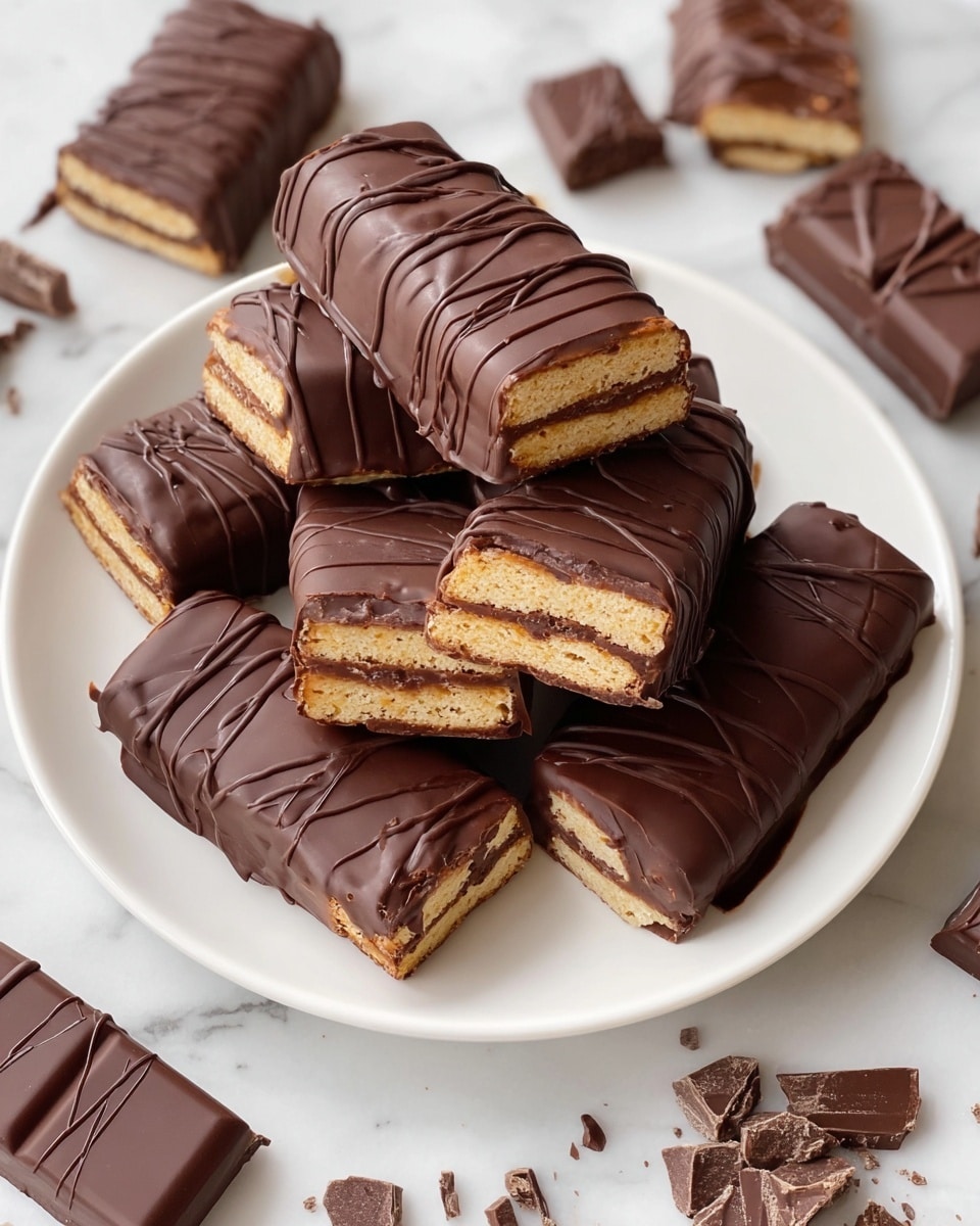 The image shows several rectangular chocolate-covered wafer bars arranged on a white marbled surface. One bar is cut in half and placed on top of a whole bar, showing three golden, crispy wafer layers separated by thin chocolate cream layers inside. The outer chocolate coating is dark brown and smooth, with thin, drizzled lines of chocolate decoration on top. To the left, a white bowl filled with dark chocolate chunks is partially visible, and some small wafer crumbs and chocolate pieces lie scattered on the marbled surface around the bars. Photo taken with an iphone --ar 4:5 --v 7