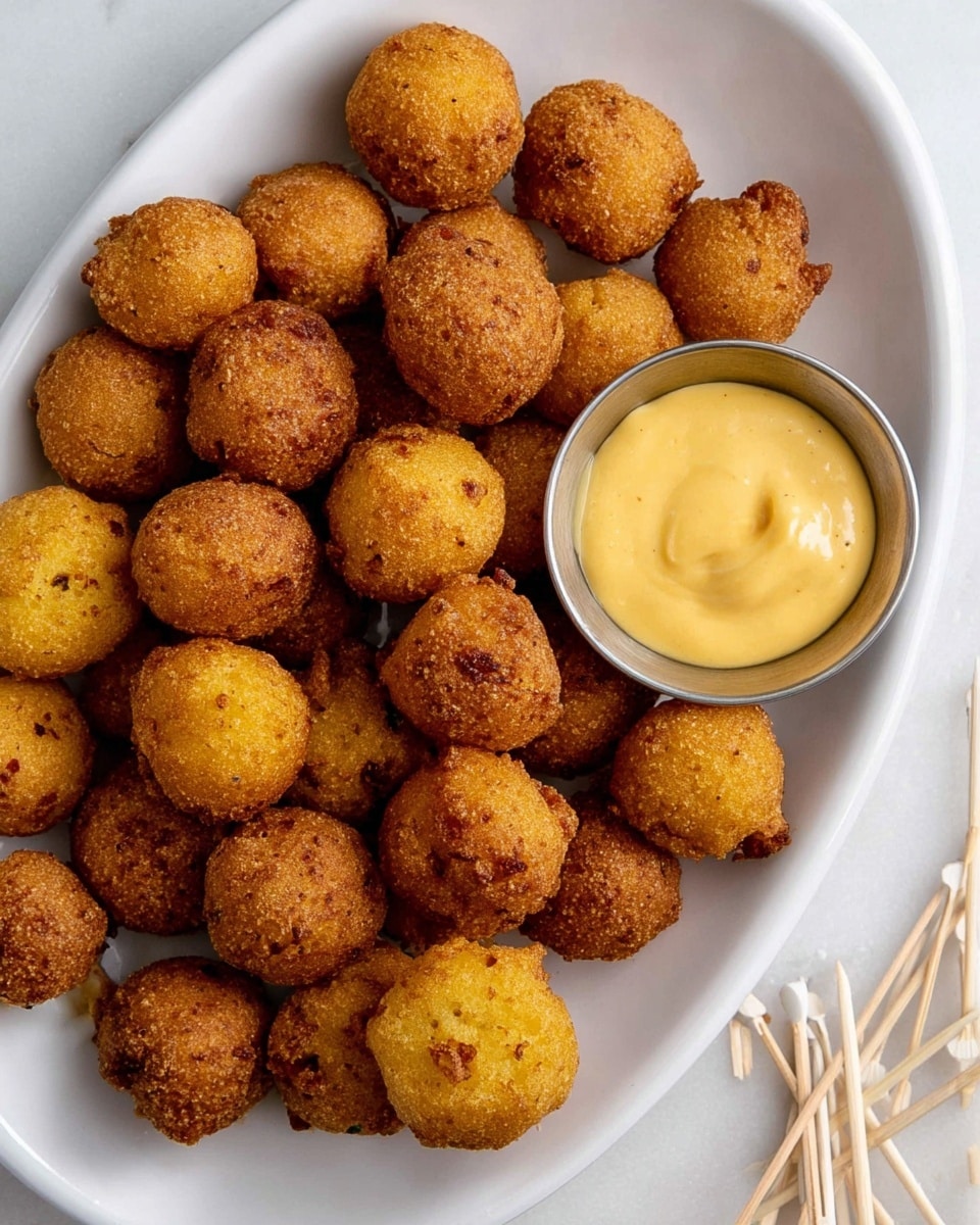 A small silver metal cup filled with thick, smooth yellow cheese sauce is set on a wooden board over a white marbled surface, with a golden-brown crispy tater tot dipped halfway in the sauce on a wooden skewer held by a woman's hand to the left. In the background, a white plate holds more golden-brown crispy tater tots, slightly out of focus. The textures show the crunchy, rough surface of the tater tots and the creamy, glossy cheese sauce. Photo taken with an iphone --ar 4:5 --v 7