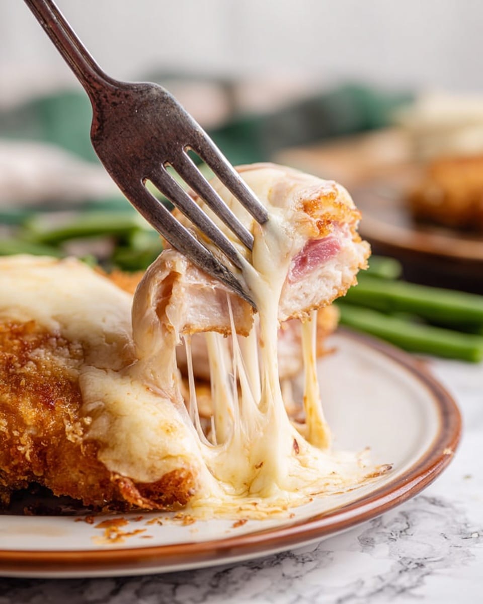 The image shows a white plate on a white marbled surface with a crispy golden-brown fried chicken cutlet as the bottom layer, topped with thin slices of light pink ham, then fully covered with melted white cheese that has a slightly creamy texture and is sprinkled with small green herbs. To the side of the cutlet, there is a small bunch of fresh green leafy salad, including different shades of green and purple leaves. Behind the cutlet on the plate, there is a clear small glass bowl filled with light yellow creamy sauce. A wooden-handle knife lies next to the plate. Photo taken with an iphone --ar 4:5 --v 7