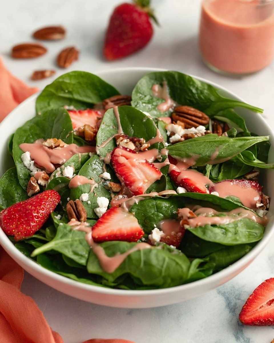 A small clear glass jar filled with smooth pink strawberry dressing, sitting on a wooden cutting board with two pecans and sliced strawberries nearby; in the background, there is a white bowl full of fresh green spinach leaves, all placed on a white marbled surface. photo taken with an iphone --ar 4:5 --v 7