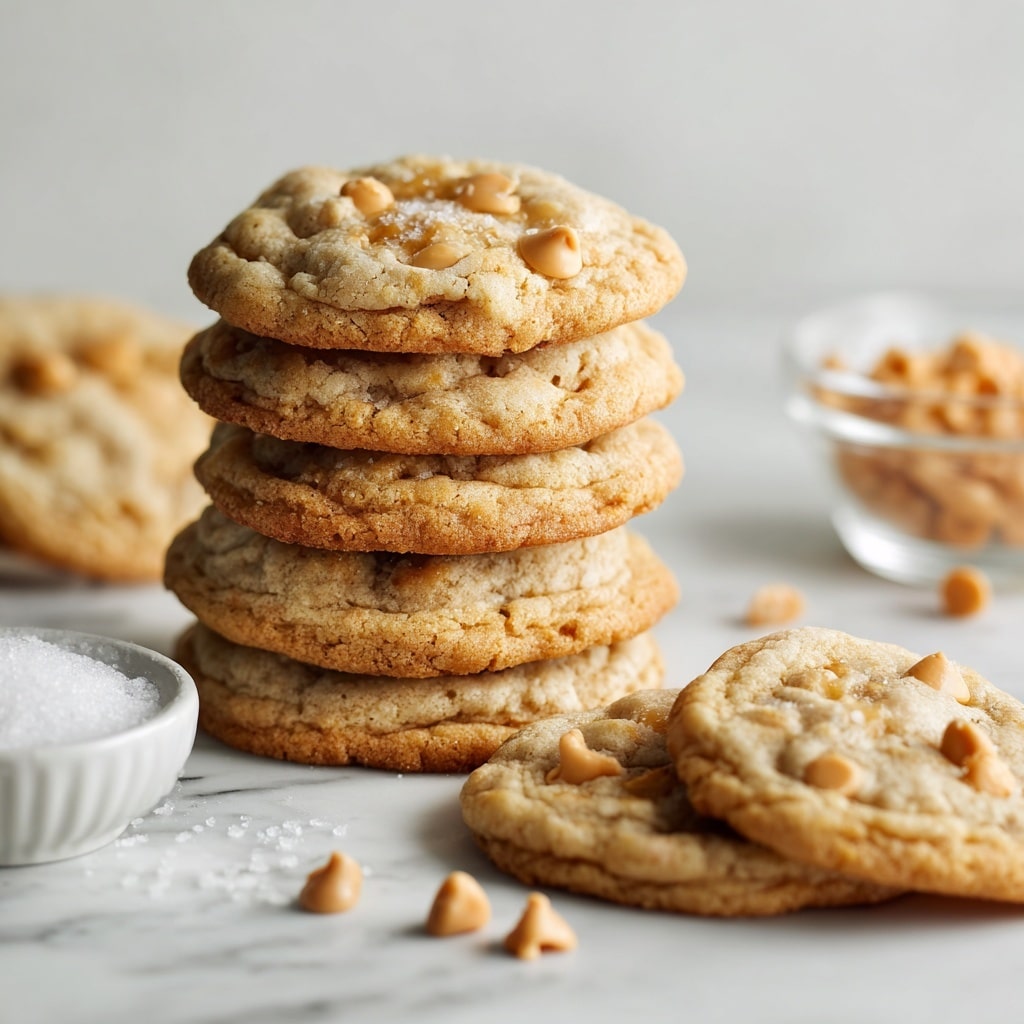 A stack of six thick, golden-brown cookies with a soft texture sits on a white marbled surface, each cookie dotted with light brown chips scattered unevenly on top. To the right, there are three more cookies lying flat with the same look and chip pattern. In the background, a white bowl filled with coarse white salt and a clear small bowl holding extra light brown chips are softly out of focus. The scene is bright and clean, giving a fresh, homemade feel. photo taken with an iphone --ar 4:5 --v 7