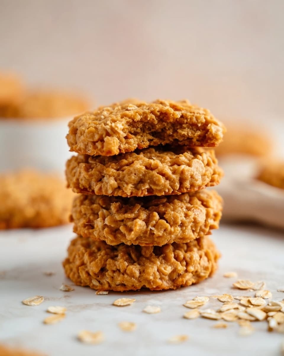 The image shows a group of round peanut butter oat cookies scattered on white parchment paper, positioned over a white marbled surface. The cookies have a rough, textured surface from the oats and a golden-brown color from the peanut butter. In the lower part of the image, there is a white bowl filled with smooth, creamy peanut butter with visible swirls on top. Near the top right, a white spoon holds a dollop of peanut butter. One cookie at the bottom right corner has a bite taken out, showing the chewy texture inside. Loose oat flakes are scattered around the cookies. photo taken with an iphone --ar 4:5 --v 7