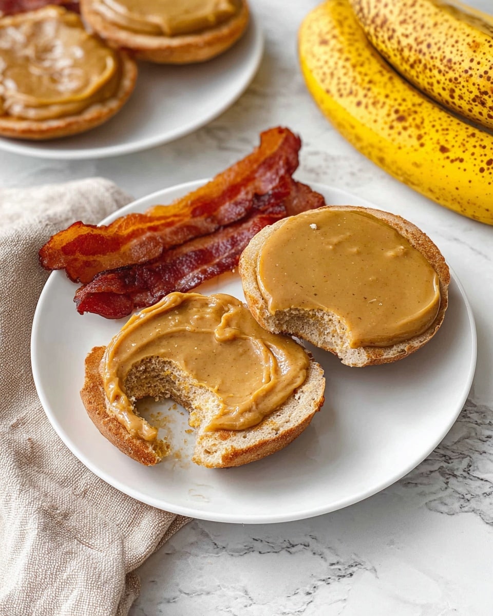 The image shows a white plate with two halves of an English muffin, each spread with a thick layer of peanut butter topped by a glossy, lighter brown layer of what looks like a peanut butter-flavored spread. One half has a bite taken from it, showing the textured inside of the muffin. Next to the muffins are two crispy strips of reddish-brown bacon. In the background, another white plate with similar muffins and a beige cloth with two overripe yellow bananas with brown spots are visible, all placed on a white marbled surface. photo taken with an iphone --ar 4:5 --v 7