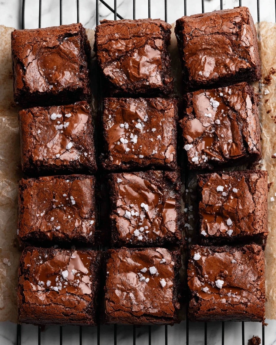 A batch of sixteen rich, fudgy brownies is cut into square pieces arranged tightly in four rows and four columns. Each brownie has a glossy, cracked top layer with deep brown color and visible shiny chocolate patches melted slightly across the surface. A light sprinkling of coarse white sea salt flakes is scattered unevenly on the top, adding a contrast in texture and color. The brownies rest on parchment paper placed over a black wire cooling rack, and the background is a white marbled texture. photo taken with an iphone --ar 4:5 --v 7