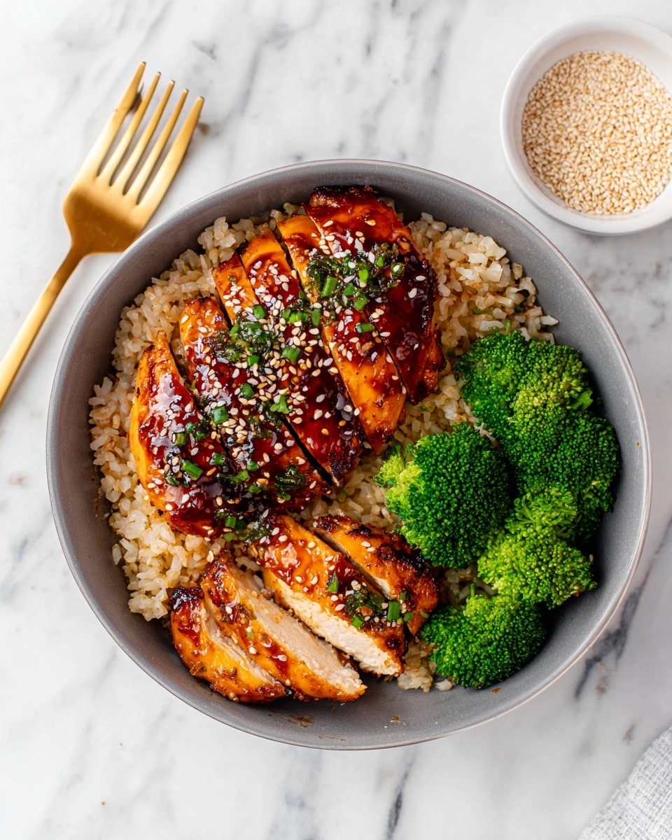 A grey bowl placed on a white marbled surface holds a meal with three main parts: at the top, two pieces of grilled chicken breast coated in a shiny, dark red glaze with sesame seeds and green herb pieces on top; below that, a bed of light brown cooked rice filling the center and slightly left side of the bowl; at the bottom right, a cluster of bright green steamed broccoli florets. The chicken is sliced on the left piece into several strips, showing a juicy inside. A gold fork is placed above the bowl on the left, and a small white bowl of sesame seeds is seen at the bottom right edge. photo taken with an iphone --ar 4:5 --v 7