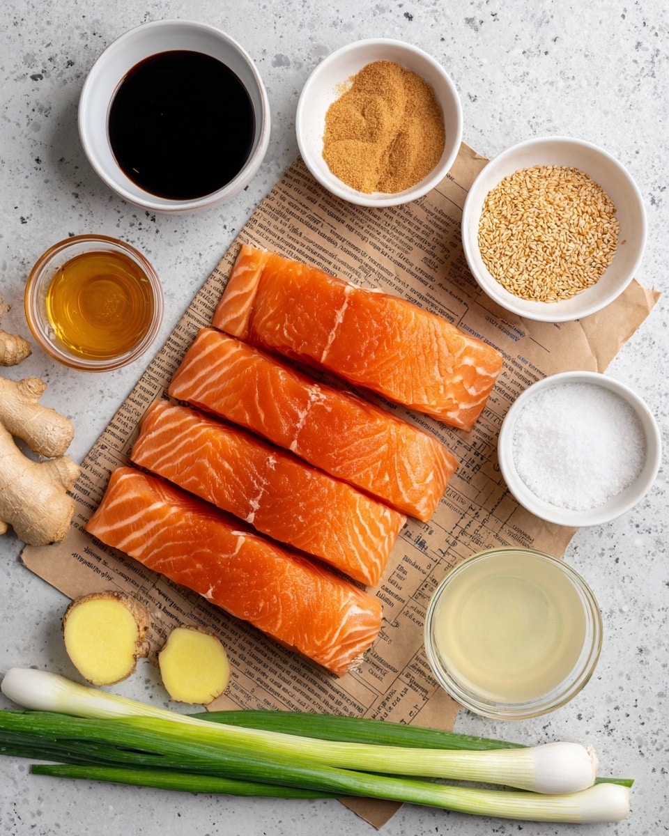 The image shows four fresh salmon fillets with a bright orange color and visible white marbling, laid side by side on a piece of brown newspaper on a white marbled surface. Surrounding the salmon are small white bowls containing dark soy sauce, light brown sesame seeds, white powder (likely cornstarch), amber-colored honey, and light brown sugar with a crumbly texture. There is also a small white bowl with clear liquid, a slice of fresh ginger with yellow flesh and brown skin, four peeled garlic cloves, and a whole green onion with a white bulb and long green stalks placed horizontally at the bottom. All items are neatly arranged for a clean, organized look. photo taken with an iphone --ar 4:5 --v 7