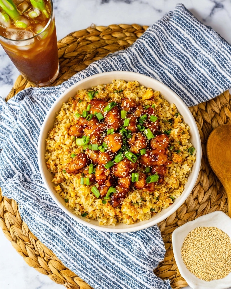A white bowl filled with two layers: the bottom layer is a bed of golden-brown fried rice with visible grains and bits of scrambled egg, and the top layer consists of browned, bite-sized cooked chicken pieces scattered with small white sesame seeds and bright green chopped scallions. The bowl sits on a blue cloth with white stripes on a woven mat, with a small white dish of sesame seeds in the foreground and a glass of iced tea filled with ice cubes in the blurred background, all against a white marbled textured surface. Photo taken with an iphone --ar 4:5 --v 7