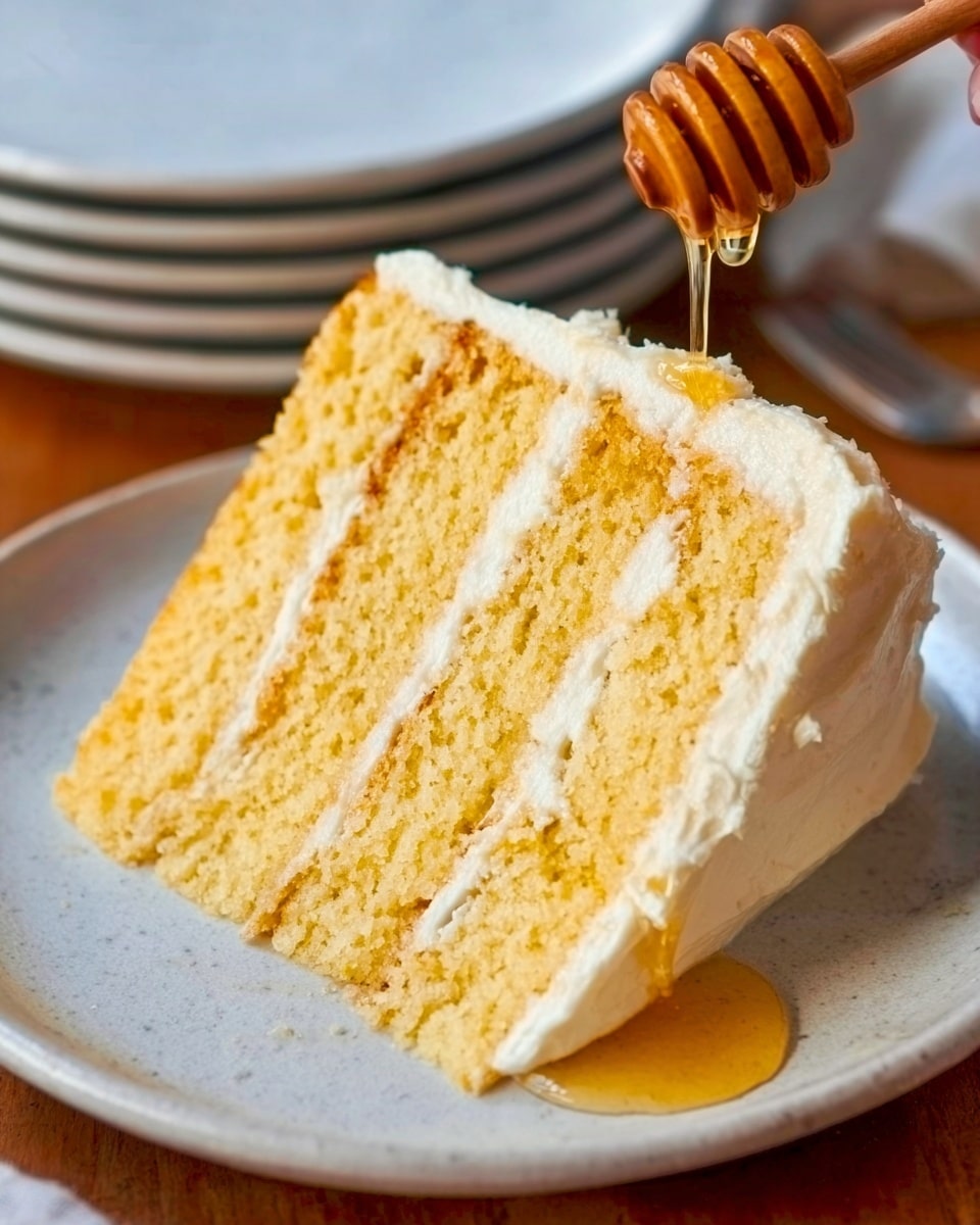 The image shows a four-layer yellow cake with creamy light beige frosting between each layer and smooth, thick frosting covering the top and sides. The top frosting has soft, wide, curved swirls, and the edges are decorated with small crumbles of cake. A few drops of honey or syrup glisten on the top edge and some have dripped onto the white cake stand below. The cake has a moist, crumbly texture with golden-yellow layers. The background is a white marbled texture. photo taken with an iphone --ar 4:5 --v 7