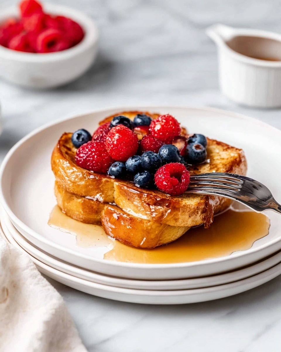 A tall stack of five thick slices of golden brown French toast sits on a white plate, topped with fresh berries including bright red raspberries and dark blue blueberries. A woman's hand is pouring golden syrup from a small white cup over the top, the syrup flowing down the sides of the toast. The plate is set on a white marbled surface, and there is a bowl of raspberries nearby. The background is soft and neutral, enhancing the warm, rich colors of the toast and berries. photo taken with an iphone --ar 4:5 --v 7