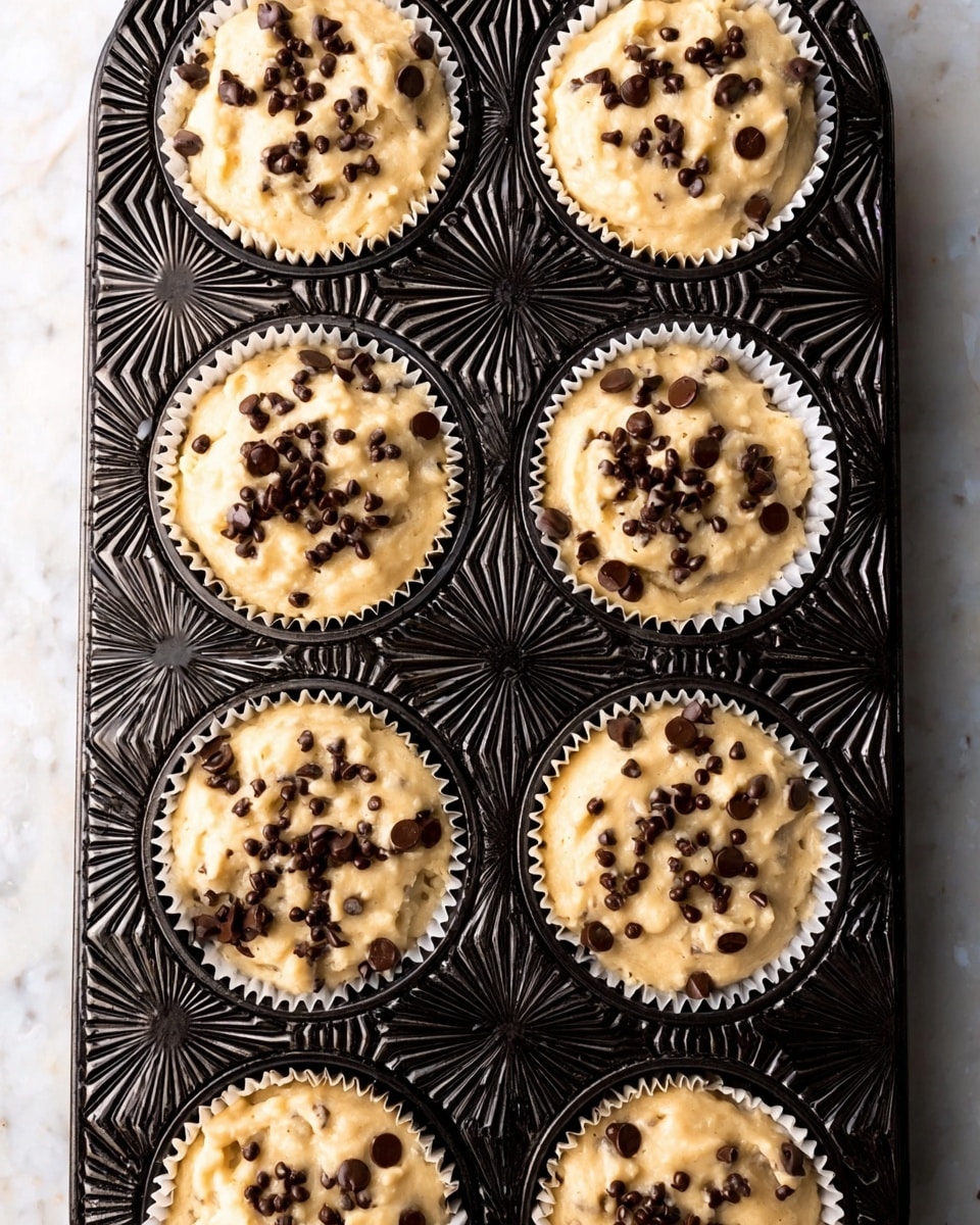 The image shows a group of golden brown muffins with chocolate chips on top, sitting on a black wire cooling rack over a white marbled surface. One muffin is split open and held by a woman's hand, revealing a soft, moist inside filled with melted butter that is creamy white and shiny. The muffin's crumb is light tan with dark brown chocolate chips scattered throughout. There are several whole muffins around it, each topped with a generous sprinkling of chocolate chips that are dark brown and glossy. One muffin's white paper liner is peeled back, showing the same crumb texture and butter inside. Photo taken with an iphone --ar 4:5 --v 7