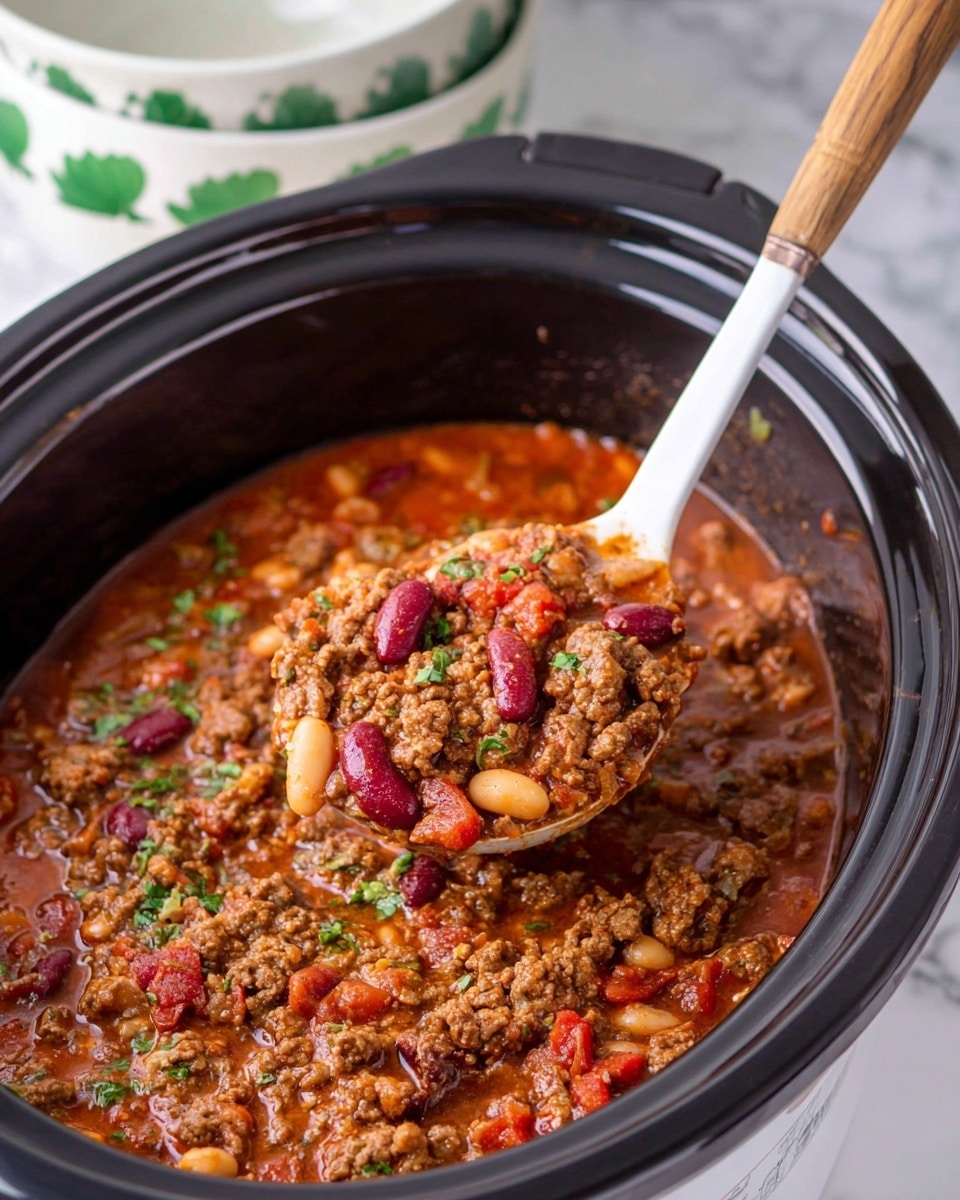 A white bowl filled with chili showing three main layers: the bottom layer is a thick, rich red-brown sauce with visible kidney beans and white beans; the middle layer has crumbled cooked ground meat and chunks of cooked tomatoes mixed in; the top layer features a small dollop of white sour cream in the center, surrounded by a sprinkle of shredded yellow and white cheese and chopped green bell peppers and herbs. The bowl is placed on a light wooden textured board, with two silver spoons to the left. Around the bowl, the background is white marbled texture, with a white bowl of shredded cheese at the top left and a white bowl of sour cream below, partially shown, along with a black and white checkered cloth on the right side. Photo taken with an iphone --ar 4:5 --v 7