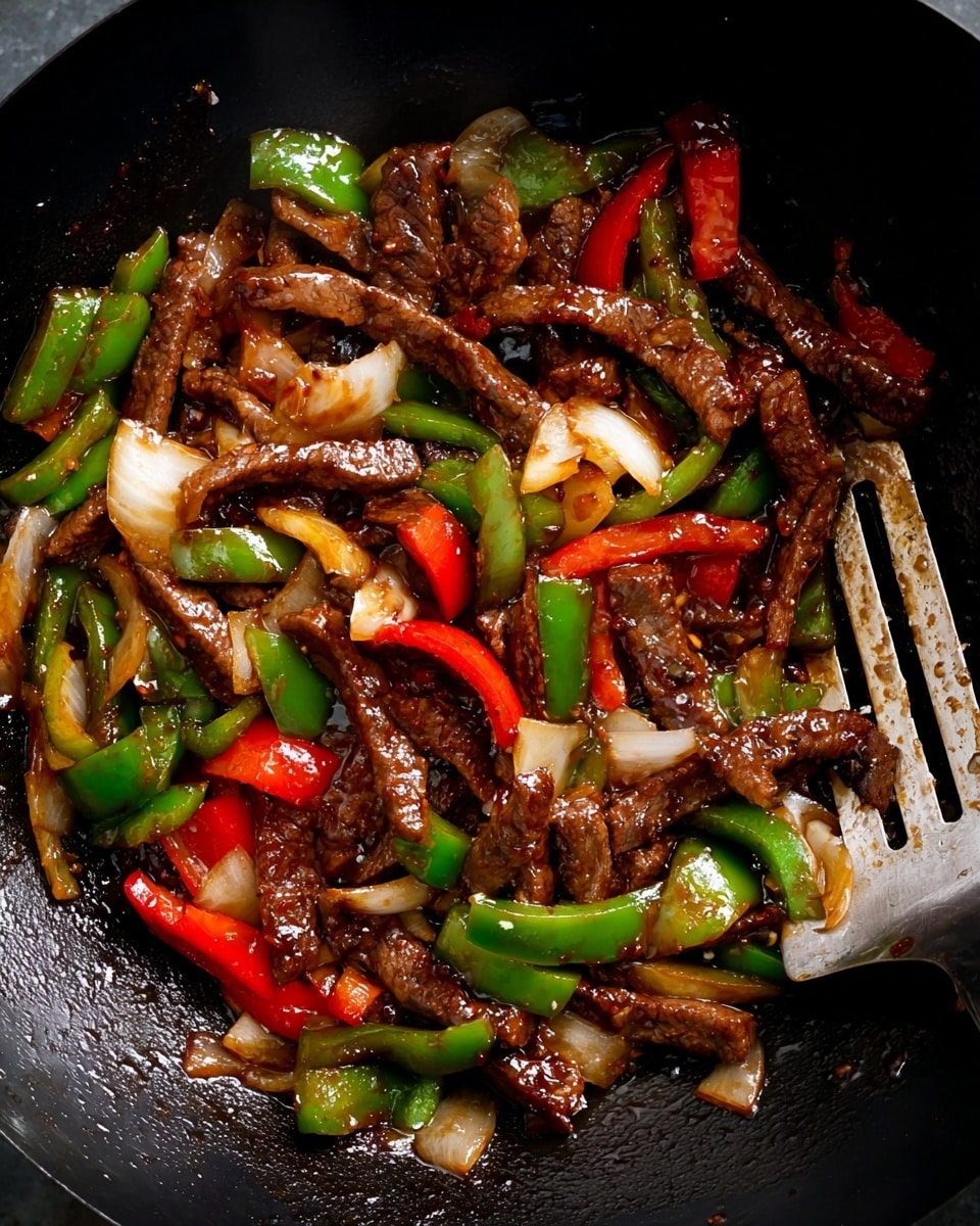A white bowl on a white marbled surface holds a dish with two main layers: the bottom layer is a bed of white fluffy rice, and the top layer consists of stir-fried beef strips mixed with red and green bell pepper chunks and pieces of yellow onion. The beef and vegetables are coated in a glossy dark brown sauce. The dish is sprinkled with green chopped scallions and black and white sesame seeds. Nearby, there is a small clear bowl filled with black and white sesame seeds, and another similar bowl with the same dish is partially visible in the background. Photo taken with an iphone --ar 4:5 --v 7