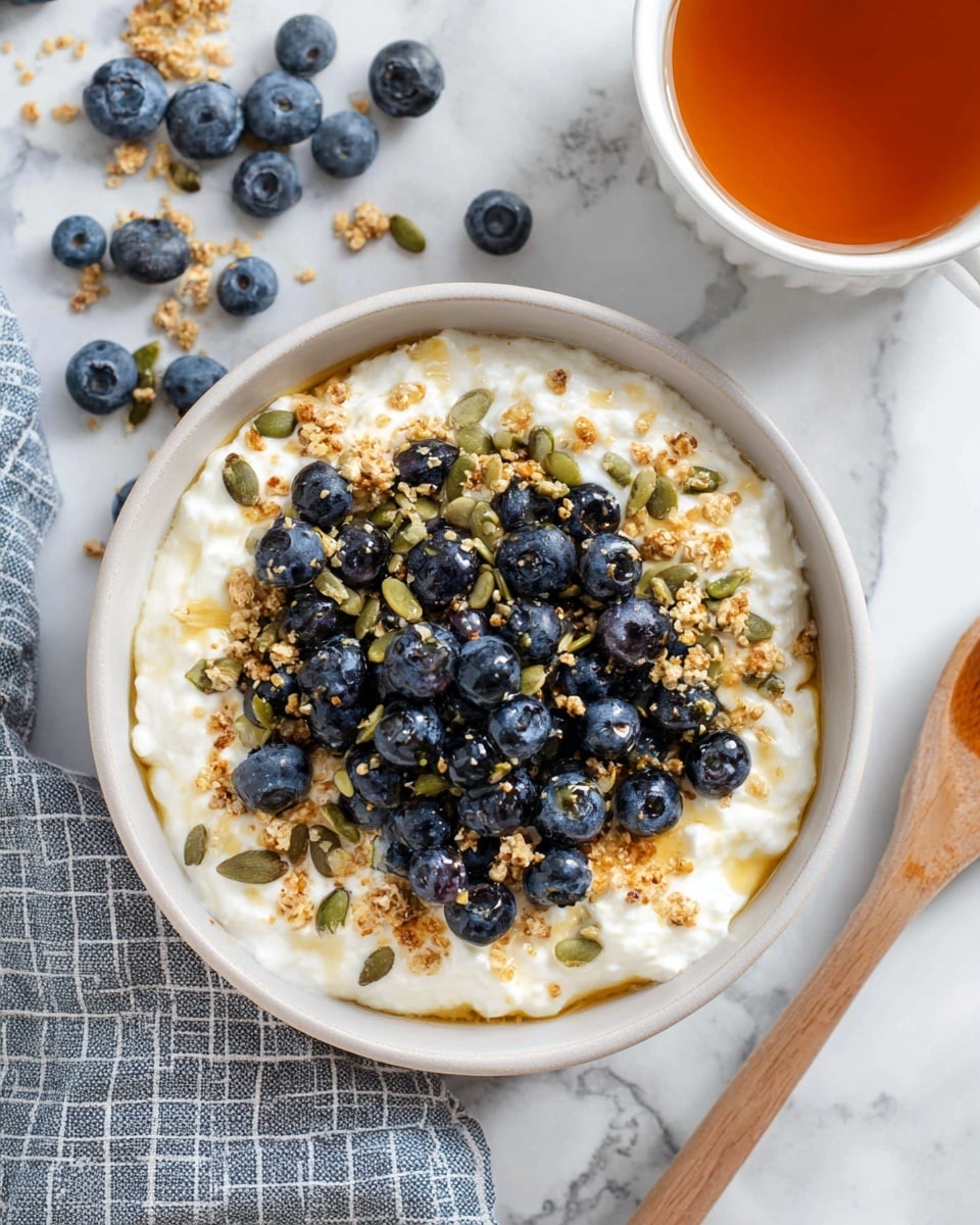 A white bowl filled with a thick layer of white cottage cheese at the bottom, topped with a generous layer of dark blue fresh blueberries and a sprinkling of light brown granola mixed with green pumpkin seeds, all drizzled with golden honey. The bowl sits on a white marbled surface with scattered blueberries around it. Nearby, there is a white cup with amber-colored tea and a gray cloth napkin with a grid pattern. Photo taken with an iphone --ar 4:5 --v 7