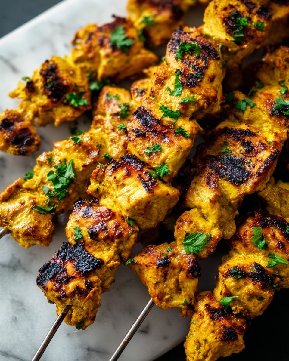 The image shows several skewers of grilled chicken pieces stacked together on a black slate board, each skewer holding about five to six golden-brown grilled chicken chunks with visible grill marks and sprinkled green herbs on top. To the upper right, there is a white plate with a stack of round, slightly browned flatbreads. On the left side, there is a glass jar filled with bright pink pickled onions with a metal spoon inside, and a small white bowl with a creamy white sauce garnished with chopped green herbs. Fresh green cilantro leaves are placed around the skewers, and the whole scene sits on a white marbled surface. photo taken with an iphone --ar 4:5 --v 7