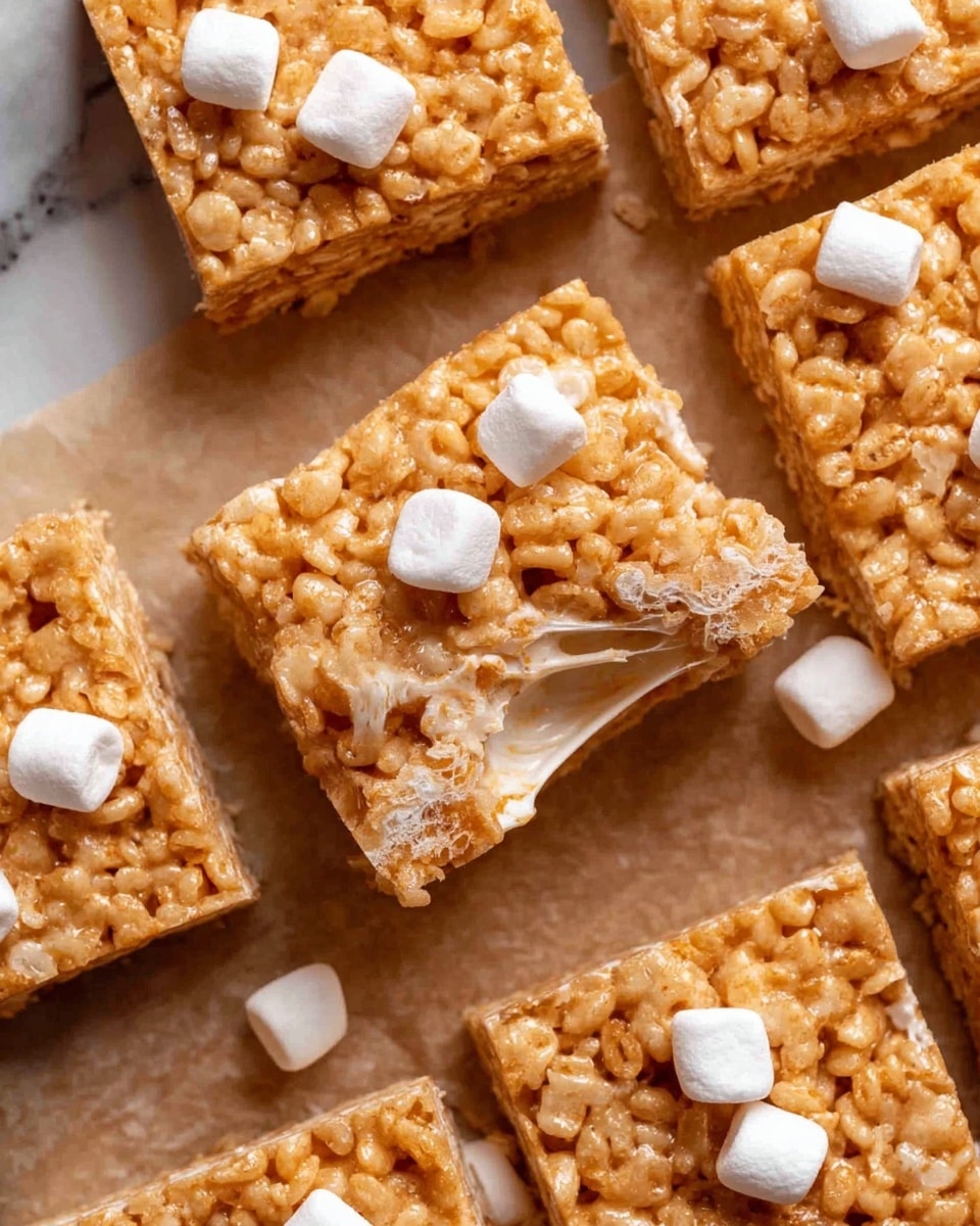 A close-up view of several square-shaped crispy rice treats arranged on light brown parchment paper over a white marbled surface. Each treat is made of a single textured layer of golden-brown crispy rice cereal mixed with melted marshmallows, giving a shiny, sticky look. Small, soft white marshmallows are scattered on top and between the squares, adding contrast. One square is slightly lifted, showing a gooey, stretchy marshmallow layer connecting it to the others. Photo taken with an iphone --ar 4:5 --v 7