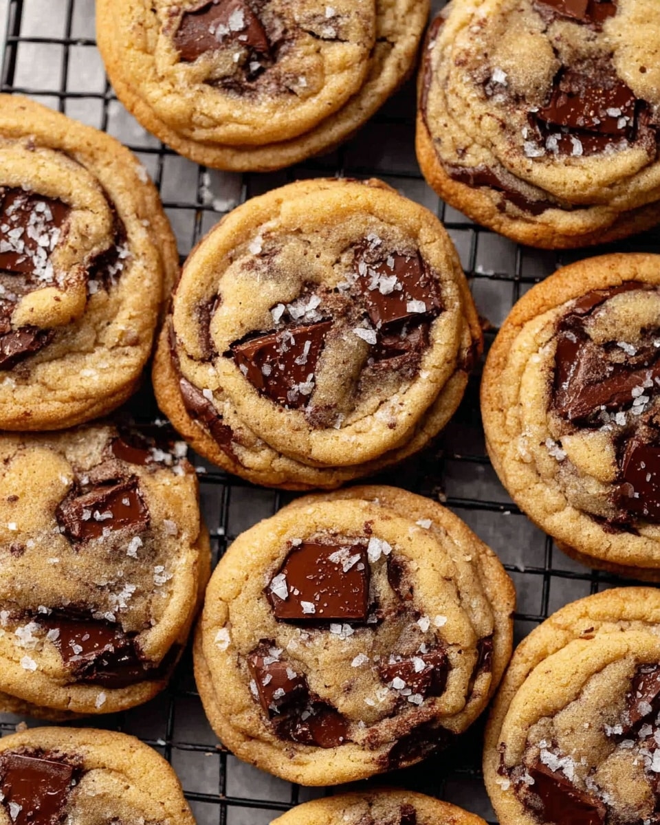 A group of soft, round cookies arranged closely on a dark cooling rack with a white marbled surface underneath. Each cookie has two main layers: a golden-brown, slightly cracked dough base with a soft, chewy texture, and large melted dark chocolate patches embedded unevenly across the top. Scattered chunks of lighter brown chocolate add extra texture, and a sprinkle of coarse sea salt crystals glisten on the surface, enhancing the contrast between sweet and salty. The cookies look warm and fresh from the oven, with a slightly glossy chocolate shine breaking through the matte dough. Photo taken with an iphone --ar 4:5 --v 7