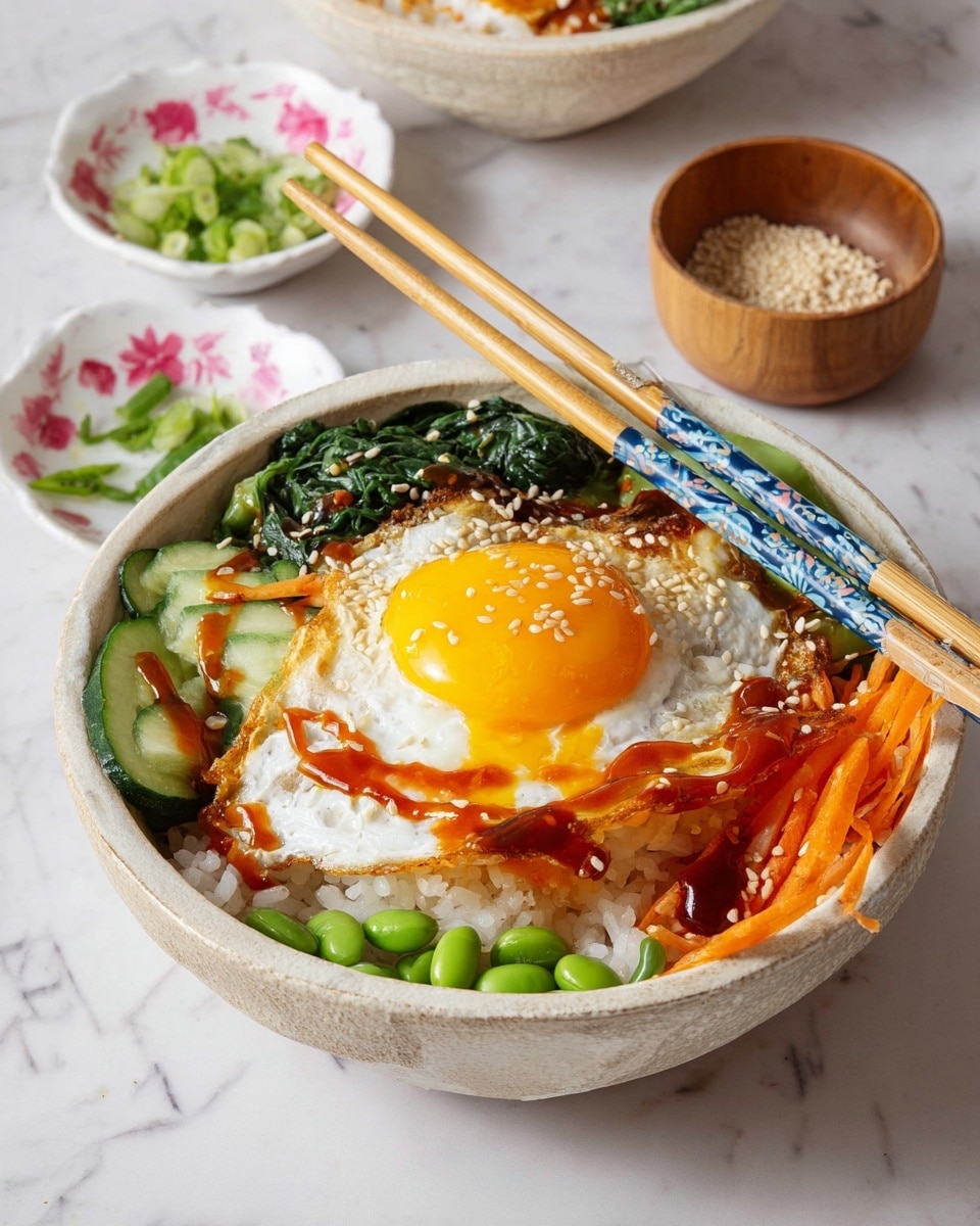 A bowl with a base layer of white rice topped by a crispy fried egg with a runny yellow yolk in the center, drizzled with a dark sauce and sprinkled with sesame seeds. Surrounding the egg are layers of bright green edamame, finely shredded orange carrots, sautéed dark green spinach, and fresh cucumber slices with sauce and sesame seeds. Two wooden chopsticks with blue and white decorative patterns rest on the bowl’s edge, which is a light beige textured ceramic. In the background, there are small white dishes with pink floral designs holding chopped green onions, white sesame seeds, and a wooden cup on a white marbled surface. Photo taken with an iphone --ar 4:5 --v 7