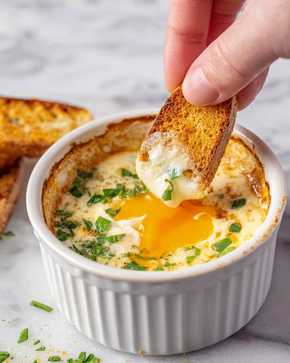A close-up of a white ramekin filled with a baked egg dish showing three visible layers: the top is a slightly browned, creamy white melted cheese with chopped green herbs scattered on it; under the cheese is bright orange runny egg yolk being dipped by a crispy, golden-brown piece of toast held by a woman's hand coming in from the top right; the ramekin sits on a white marbled surface with some green herb bits around. photo taken with an iphone --ar 4:5 --v 7