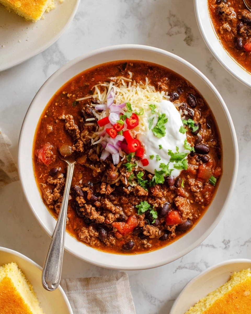 A white bowl filled with chili containing layers of dark black beans, ground beef, and small red tomato pieces in a thick reddish-brown sauce. On top, there is a dollop of white sour cream with small red onion and red pepper chunks scattered around it. Shredded light yellow cheese and small green cilantro leaves are also sprinkled over the chili. A silver spoon rests on the left side inside the bowl, and the bowl sits on a white marbled surface with parts of other white bowls and a yellow plate with cornbread visible around it. Photo taken with an iphone --ar 4:5 --v 7