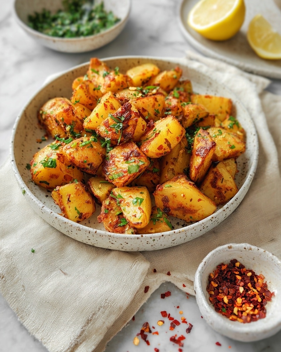 The image shows a white speckled bowl filled with golden-brown roasted potato pieces that are cut into medium-sized chunks. The potatoes are mixed with finely chopped green herbs, giving a fresh touch to the warm colors. The bowl is placed on a light beige cloth on top of a white marbled surface. To the right side, there is a small white cup filled with red chili flakes, with some flakes scattered on the surface nearby. In the background, part of a lemon cut in half and a green herb mixture in a white bowl can be seen slightly out of focus. photo taken with an iphone --ar 4:5 --v 7