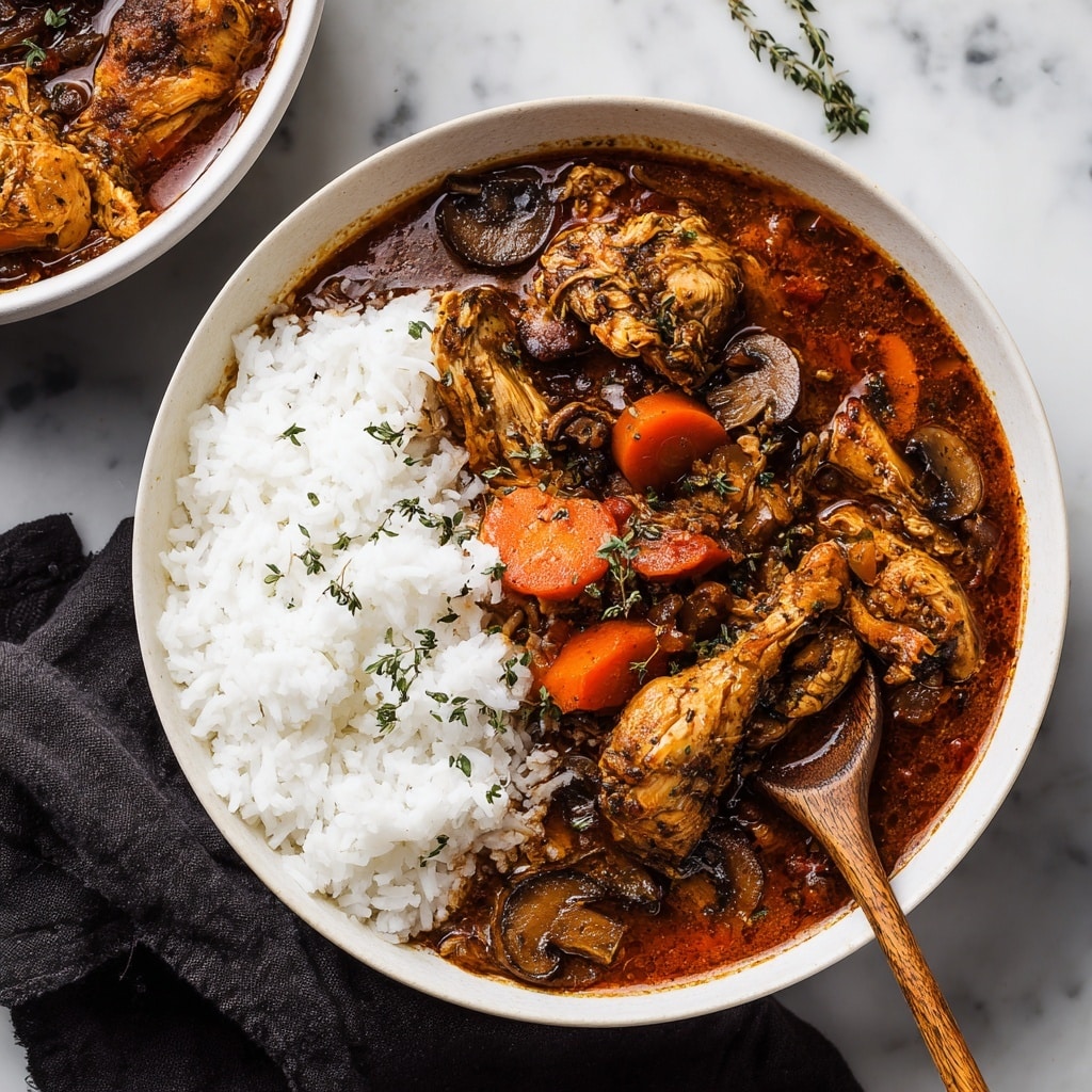 A large white speckled bowl filled with a thick reddish-orange stew that has visible pieces of shredded chicken, sliced dark mushrooms, and chunks of orange carrots, topped with chopped green onions scattered across the surface. Behind it, there is a white bowl filled with plain white rice, and to the left, a small white bowl with sliced green chili peppers. All the bowls are placed on a white marbled surface. photo taken with an iphone --ar 4:5 --v 7
