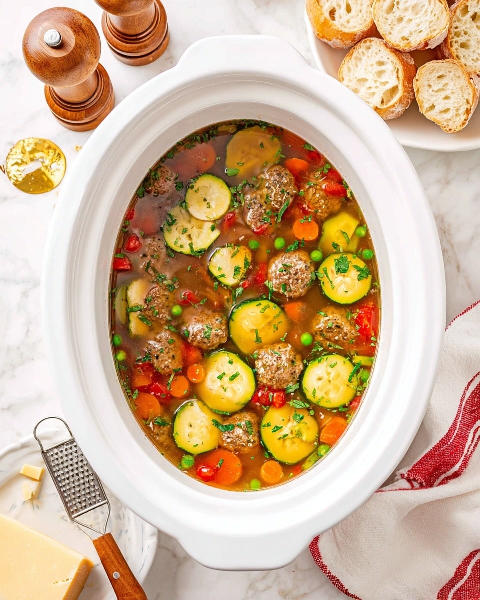 Two white bowls with a thin black rim are filled with clear vegetable soup containing bright orange carrot slices, yellow corn kernels, green beans, peas, red tomato pieces, and zucchini slices. Each bowl has three browned meatballs topped with shredded white cheese and sprinkled with chopped green herbs. A silver spoon is placed inside the front bowl. The bowls rest on a white marbled surface next to a white electric slow cooker, which is partially visible, and a dish with chopped green herbs. A white and red striped cloth napkin and a cheese grater with some cheese are also on the surface. photo taken with an iphone --ar 4:5 --v 7