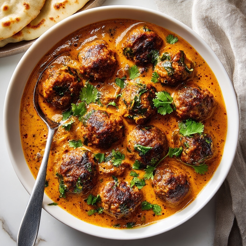 The image shows a white speckled bowl filled with several round meatballs covered in a thick, reddish-brown sauce mixed with dark green leafy vegetables, sitting on a light cloth. A woman's hand is dipping a piece of flatbread into the sauce, with the bread showing a browned, textured surface. In the blurred background, there are pieces of flatbread resting on a white marbled surface with some green herbs, adding softness to the setting. photo taken with an iphone --ar 4:5 --v 7