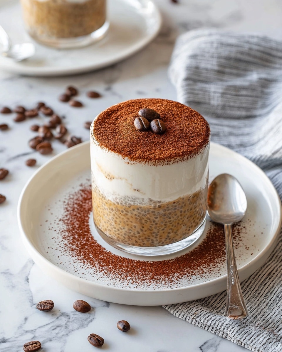 A clear glass filled with three visible layers: the bottom layer is a creamy beige oatmeal mixture with a slightly chunky texture; the middle layer is thick and dark brown cocoa powder dusted evenly around the glass rim; the top layer is a dollop of white whipped cream with soft swirls, partially mixing with the cocoa powder around it. A silver spoon lifts some whipped cream with streaks of cocoa from the top. The container sits on a white marbled surface with scattered oats and coffee beans nearby. Photo taken with an iphone --ar 4:5 --v 7