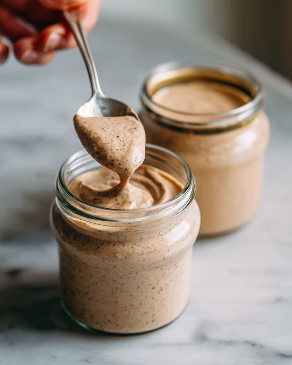 A clear glass jar filled with a creamy mixture showing swirls of light brown and darker chocolate layers inside. On top, there are five white marshmallows, each drizzled with dark chocolate sauce, surrounding small crunchy light brown biscuit pieces. In the center sits a piece of dark chocolate with a smooth texture. Surrounding these are small, light tan nut pieces sprinkled over. The jar is placed on a surface with a white marbled texture. Photo taken with an iphone --ar 4:5 --v 7
