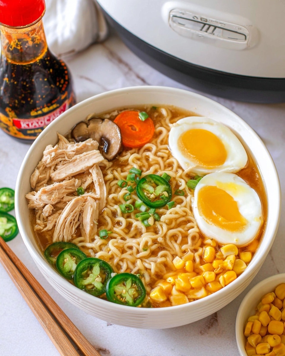 A white bowl filled with light brown broth and curly ramen noodles, topped with one split soft-boiled egg showing a bright yellow yolk, shredded light brown cooked chicken pieces, green jalapeño slices, thin orange carrot sticks, yellow corn kernels, and a small mushroom slice; the bowl rests on a white marbled surface with wooden chopsticks laid across its edge, and in the background a bottle of soy sauce with a red cap and a white slow cooker are visible. photo taken with an iphone --ar 4:5 --v 7