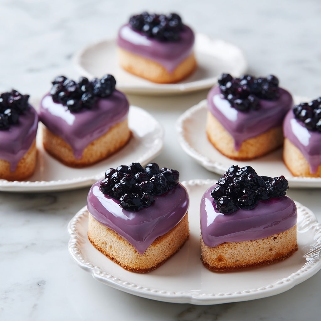 The image shows small heart-shaped cakes arranged on a white plate with ornate edges. Each cake has two layers: a bottom layer of light golden brown sponge cake with a soft texture, and a top layer of smooth, glossy light purple icing. On the icing of each cake, there are small clusters of dark purple blueberries, slightly shiny as if fresh or glazed. The cakes are closely placed in a neat pattern on a white marbled surface. Photo taken with an iphone --ar 4:5 --v 7