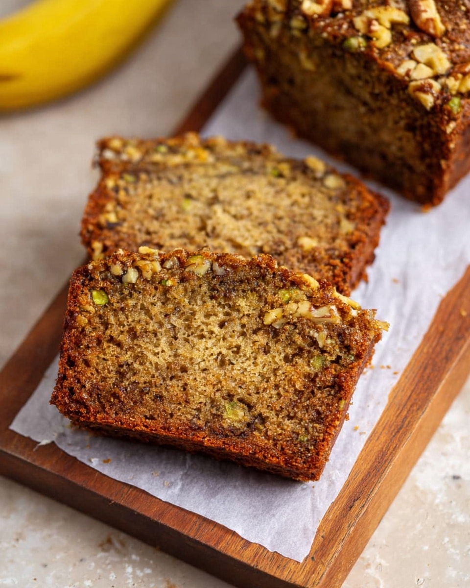 A rectangular loaf of dark brown bread with a rough texture is topped generously with chopped green pistachios and nuts. The loaf is in a metal baking pan lined with white parchment paper that peeks out on the sides. The background is a white marbled surface with subtle light and dark veins, creating a soft and clean look. The bread has a cracked top with a mix of small and large nut pieces unevenly spread across for a crunchy appearance. photo taken with an iphone --ar 4:5 --v 7