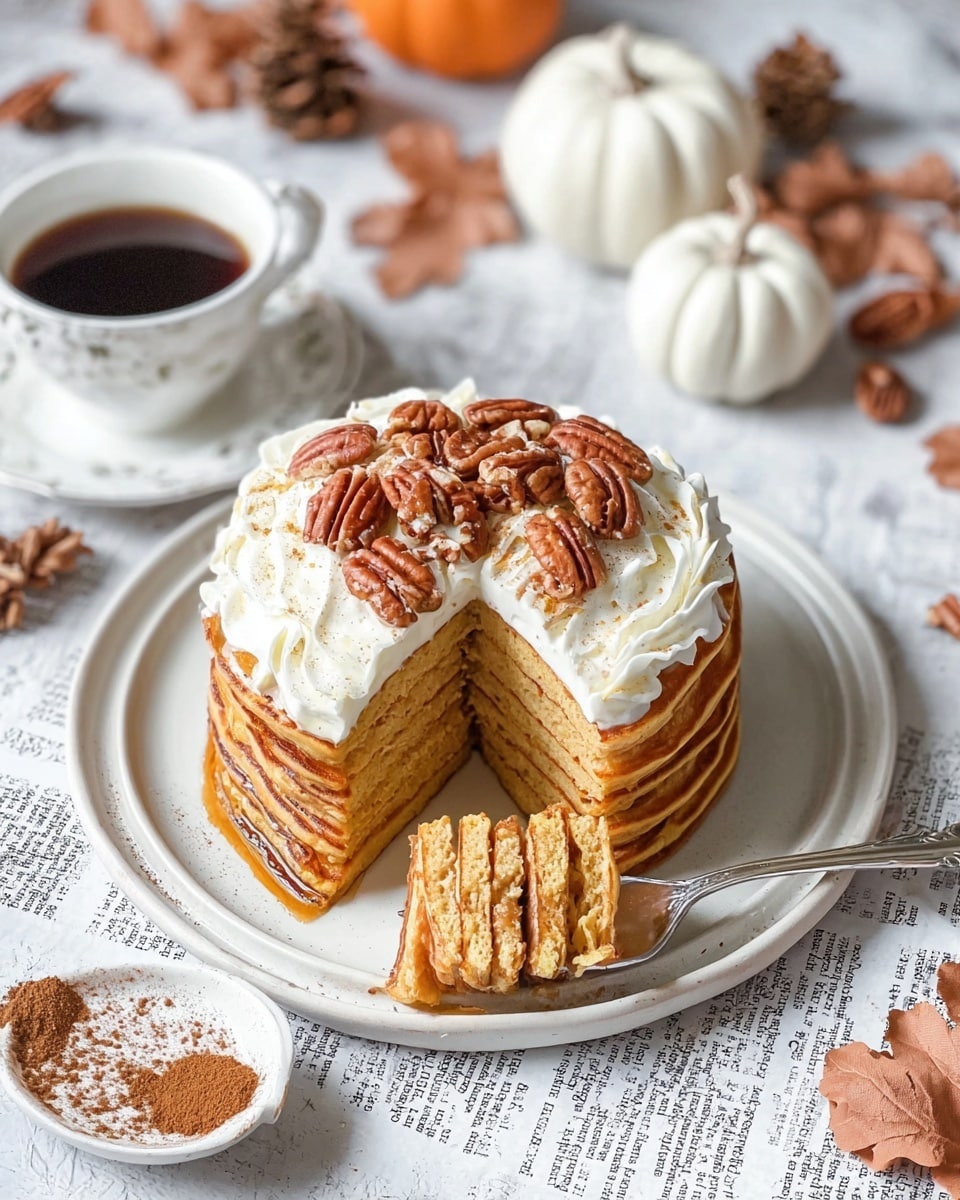 A stack of about ten golden brown pancakes sits on a white plate with a slightly raised edge, with one slice cut out and placed in the front on a silver fork. The top pancake is covered with a thick layer of white whipped cream, generously topped with whole pecans that have a glossy, slightly caramelized look. The layers of the pancakes are fluffy and well-defined with a soft texture showing through the cut slice. The plate rests on a white marbled surface scattered with newspaper and a small silver spoon with cinnamon powder nearby. In the background, there is a white cup filled with dark coffee, white miniature pumpkins, and brown pine cones adding a cozy fall feeling. Photo taken with an iphone --ar 4:5 --v 7