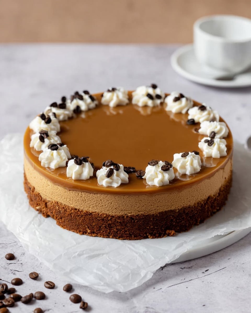 A round cake with one thick dark brown layer of crumbly texture at the bottom and a smooth caramel-colored glaze layer on top. Around the edge of the glaze, there are small white cream dollops evenly spaced forming a ring, and on top of the cream dollops, there are scattered dark brown coffee beans. The cake sits on a white plate that rests on a white marbled surface with some pieces of white parchment paper beneath the cake. Photo taken with an iphone --ar 4:5 --v 7