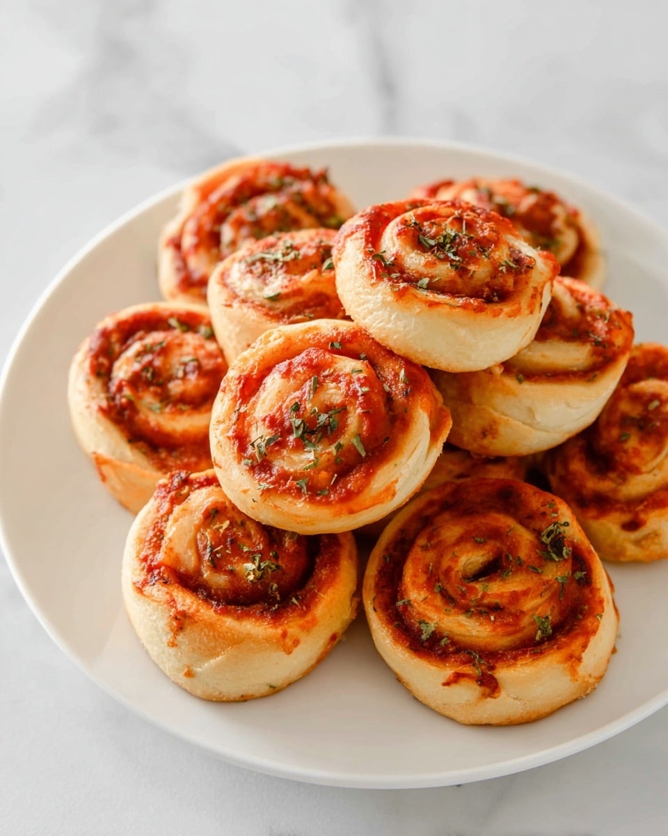 A white plate holds a pile of small, spiral-shaped pizza rolls arranged in a loosely stacked way. Each roll has about three visible layers of light golden brown dough with a reddish-orange tomato sauce spread inside the spirals, giving them a warm, inviting look. Some spots inside the rolls show slightly darker brown areas, indicating baked cheese or cooked toppings. Tiny green herb flakes are sprinkled on top of the rolls, adding small splashes of color. The plate sets on a surface with a white marbled texture. photo taken with an iphone --ar 4:5 --v 7