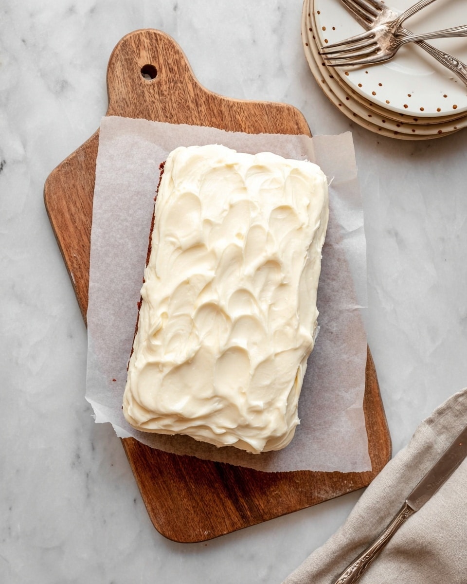 The image shows two thick slices of dark red velvet cake with a dense, moist texture and small air holes throughout. Each slice has one layer of smooth, creamy white frosting on top, slightly uneven and soft in appearance. The slices rest on white parchment paper, which lies on a wooden cutting board with rounded edges. The background is a white marbled texture, giving a clean and simple look. Photo taken with an iphone --ar 4:5 --v 7