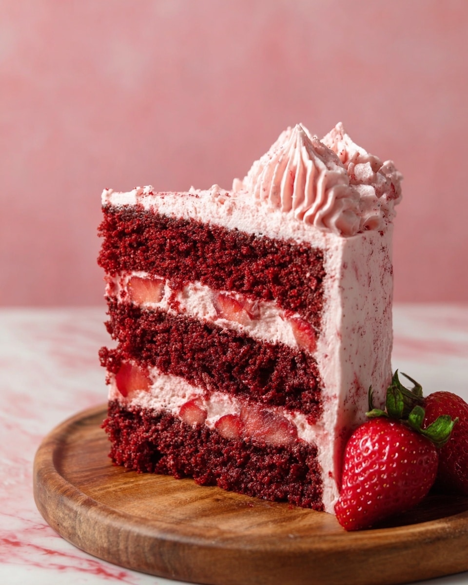 A tall, round cake with smooth pale pink frosting that has tiny red specks all over, showing strawberry bits mixed in; the top is decorated with a ring of soft, piped frosting swirls in the same pale pink color, standing up like small peaks; the cake sits on a simple wooden stand, and two fresh whole strawberries with green tops rest at the base in front; the background is plain soft pink, and the surface beneath has a white marbled texture. photo taken with an iphone --ar 4:5 --v 7
