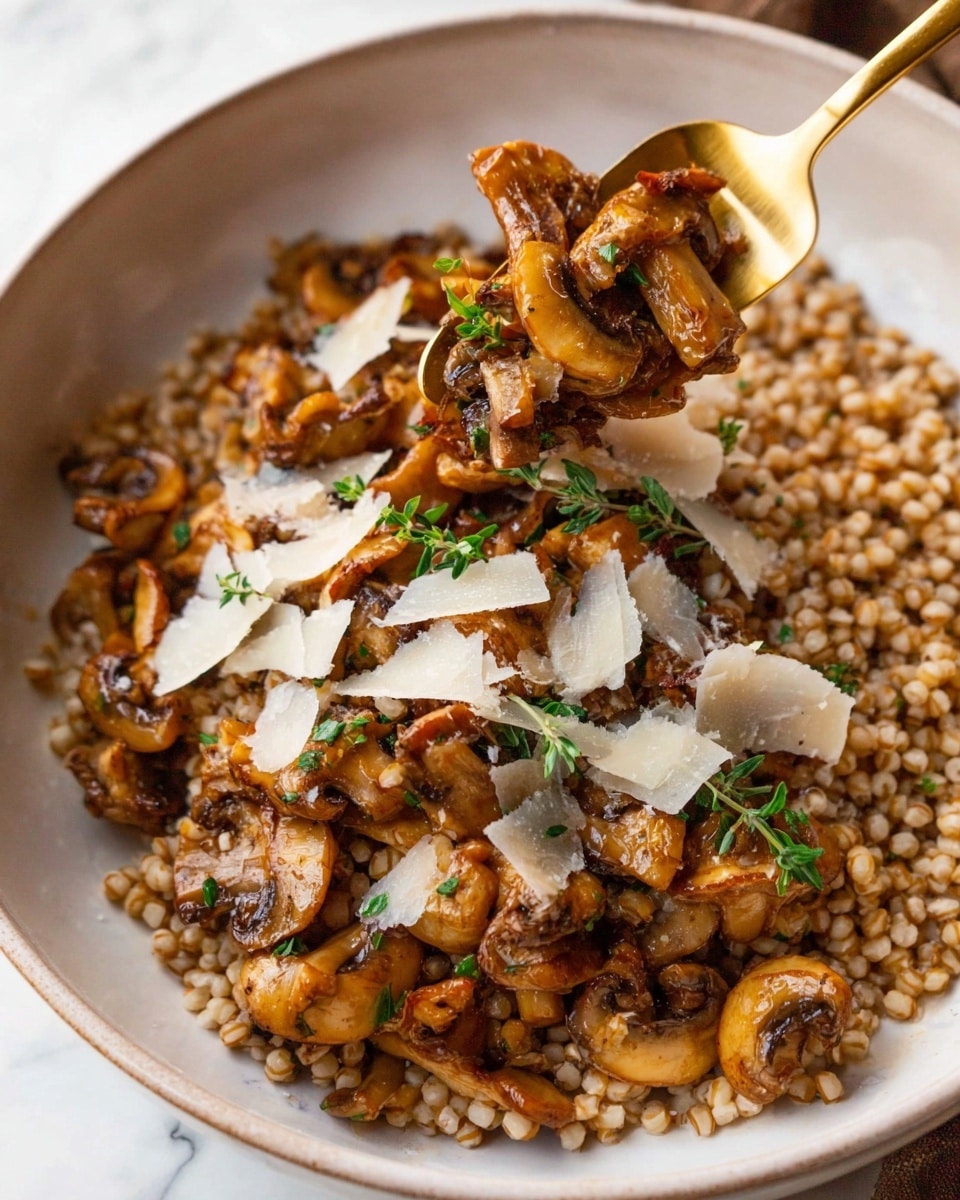 A white bowl filled with a base layer of cooked light brown buckwheat, topped with a generous layer of sautéed golden-brown chanterelle mushrooms scattered evenly across. Thin white shredded cheese is lightly sprinkled over the mushrooms, adding texture and contrast. The bowl is placed on a wooden board on a white marbled surface. Nearby, a small bowl of more shredded cheese and a gold fork resting on the bowl’s edge are visible, along with a blue and white striped cloth. Photo taken with an iphone --ar 4:5 --v 7