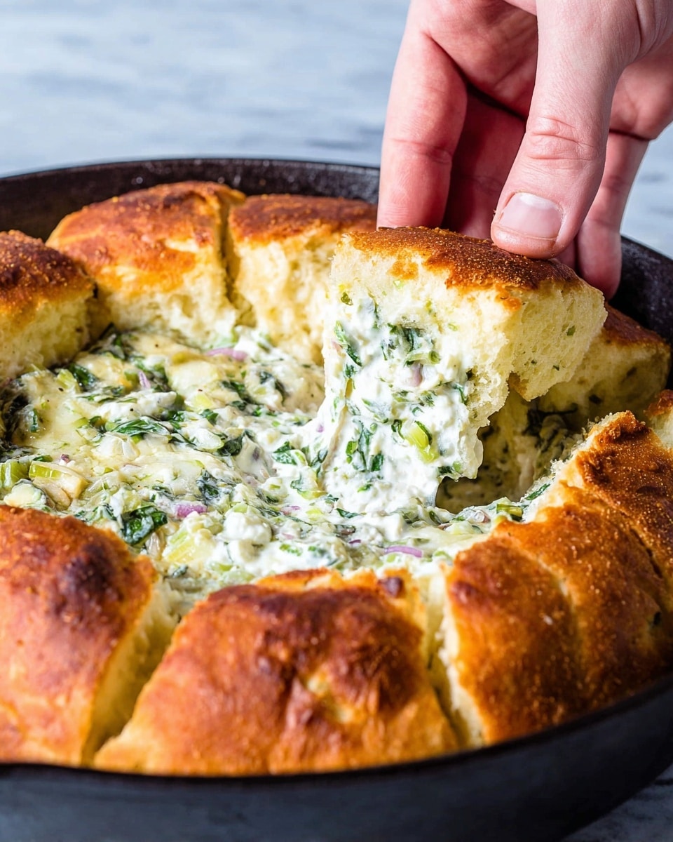 A cast iron pan holds a thick, golden brown ring of bread with a crisp, baked texture and slightly darker toasted spots on top, forming the outer layer. Inside this ring is a creamy mixture with visible chopped green spinach and small bits of purple onion mixed in, creating a textured and rich center. The contrast between the warm browned bread crust and the soft, pale, green-speckled filling makes the dish look hearty and inviting. The pan rests on a white marbled surface, with a folded cloth nearby. photo taken with an iphone --ar 4:5 --v 7