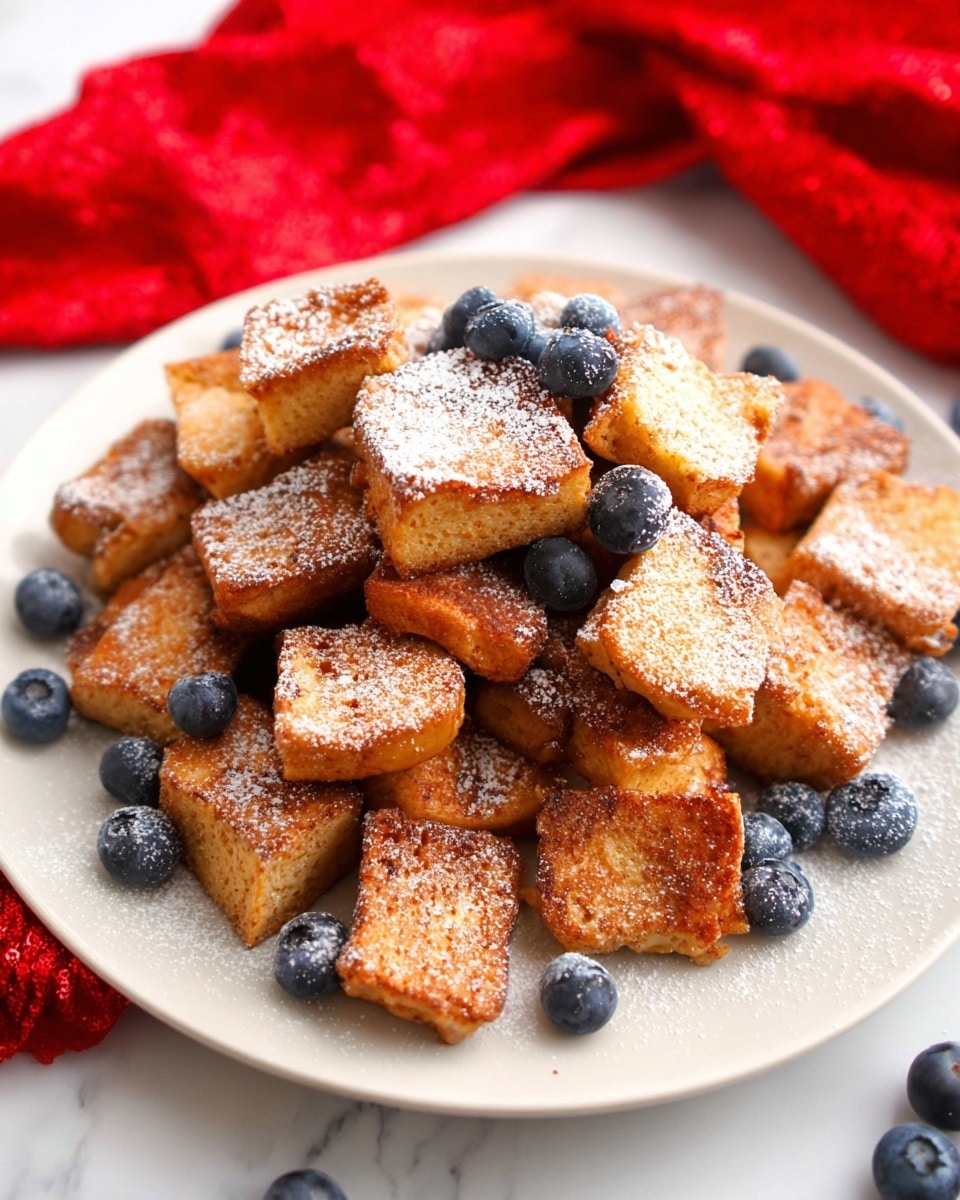 A round plate with a brown rim holds many small golden brown square pieces of fried dough, stacked in layers with a slightly rough texture. The pieces are sprinkled with white powdered sugar, and several fresh, plump blueberries with a shiny dark blue color are scattered on top and around the plate. The plate sits on a white marbled surface, with extra blueberries, a red fringed cloth, and slices of light yellow bread placed nearby. Photo taken with an iphone --ar 4:5 --v 7