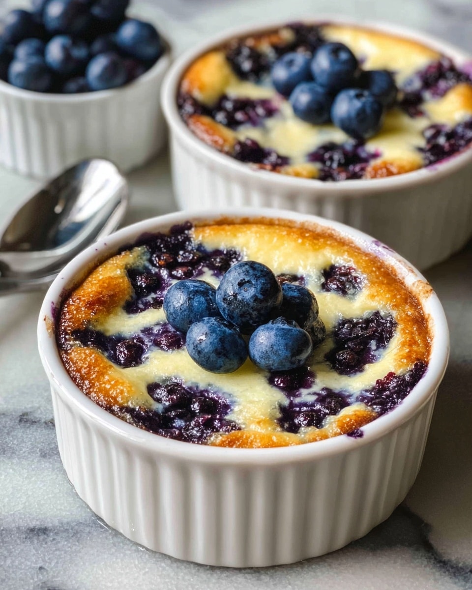 Two white ramekins filled with baked blueberry custard are shown on a white marbled surface. Each ramekin has a layer of golden brown, slightly crispy custard mixed with scattered baked blueberries creating dark purple patches on the surface. A small pile of fresh, plump blueberries is placed in the center of each ramekin, adding a soft blue contrast. The custard texture is smooth and slightly puffy around the edges. In the background, a small white bowl with more fresh blueberries and a silver spoon are partially visible. Photo taken with an iphone --ar 4:5 --v 7