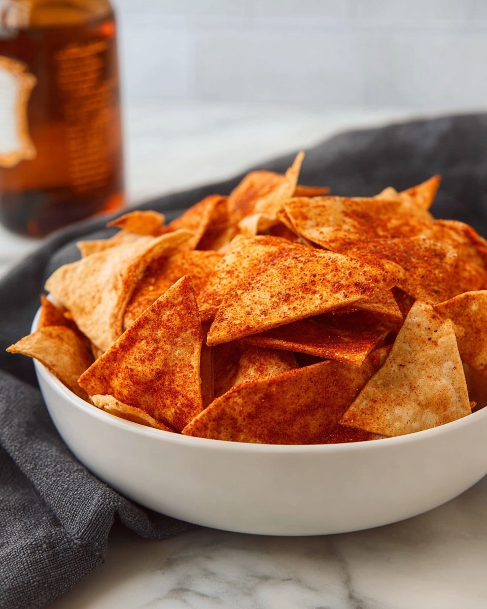 A white plate filled with two layers of triangular chips, the top layer is bright orange with a powdery seasoning covering each chip, while the bottom layer has a lighter, yellowish color with specks of seasoning visible. Some chips are slightly stacked and leaning on each other, creating a textured, crispy look. A few chips spill out of the plate onto a white marbled surface, and a partially visible glass with a golden brown drink is blurred in the background. photo taken with an iphone --ar 4:5 --v 7