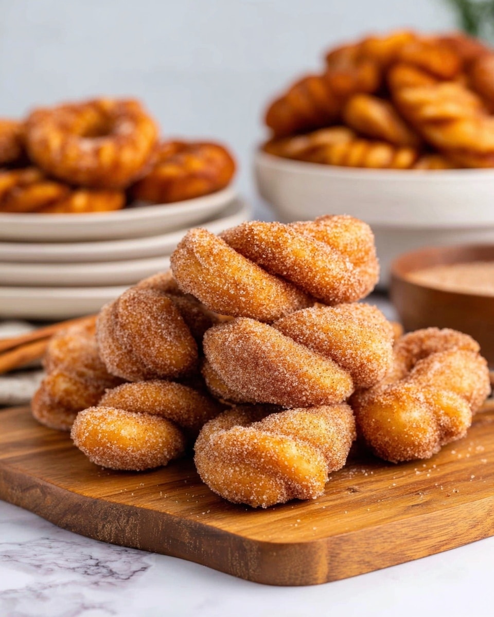 A close-up view of a twisted cinnamon sugar-coated pastry being dipped into a smooth, creamy light beige sauce in a small wooden bowl; the pastry has two twisted loops covered in a grainy sugar and cinnamon mix and is held by a woman's hand from the top, with the bottom part dipped halfway into the sauce, causing a slight pull effect. In the blurred background, there is a stack of white plates with more of the twisted pastries and some more pastries in a wooden tray, all set on a white marbled surface with a faintly visible white vase and green plant. Photo taken with an iphone --ar 4:5 --v 7