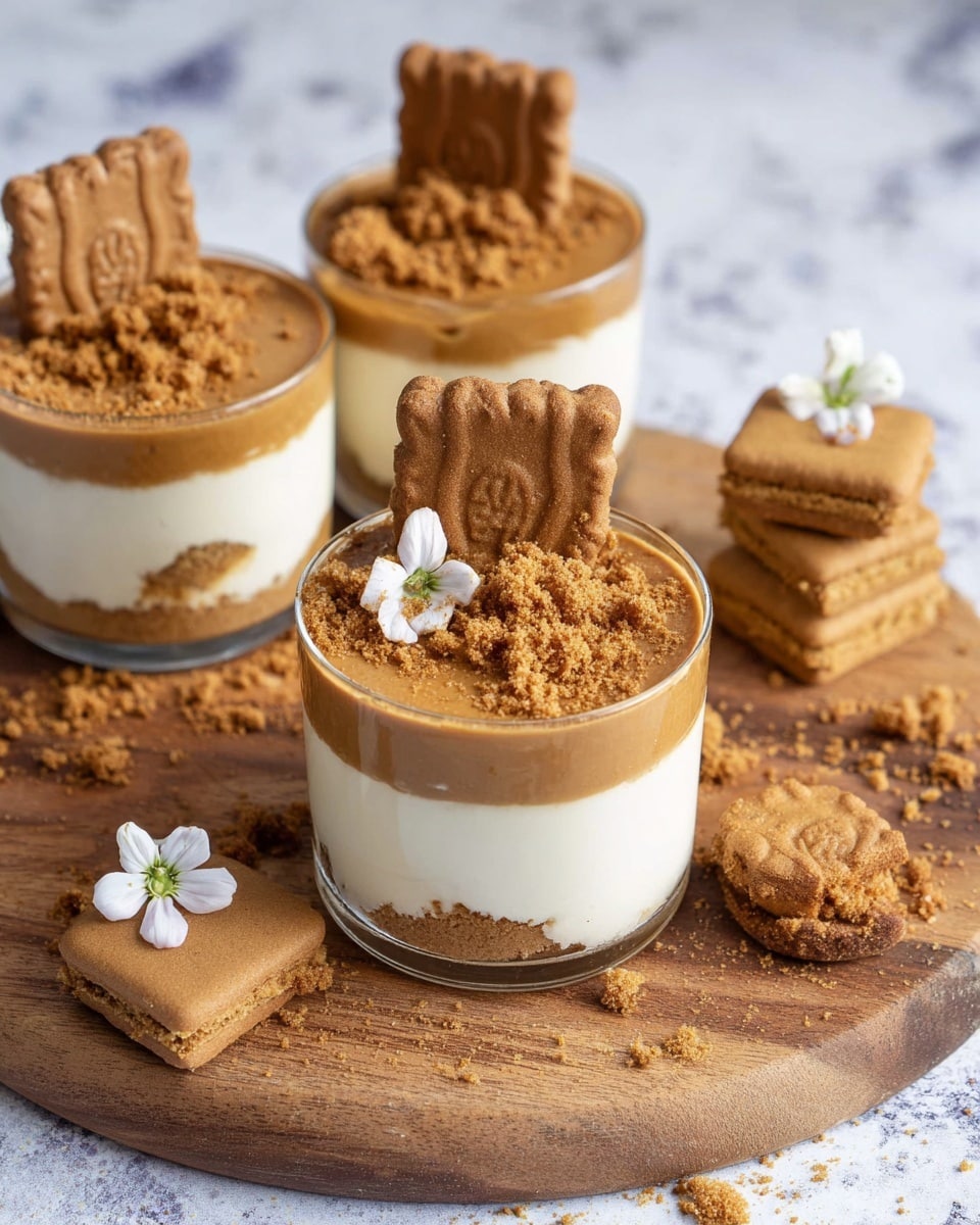 The image shows three small clear glass cups on a wooden board, each filled with a dessert of two layers: a thick creamy white bottom layer and a smooth caramel brown top layer. The top is sprinkled with crumbled brown biscuit pieces, and one cup has a whole rectangular biscuit partly sunk in the middle. Around the cups, there are whole and broken rectangular brown biscuits, one topped with a small white flower, all placed on the wooden board. The background is changed to a white marbled texture. photo taken with an iphone --ar 4:5 --v 7