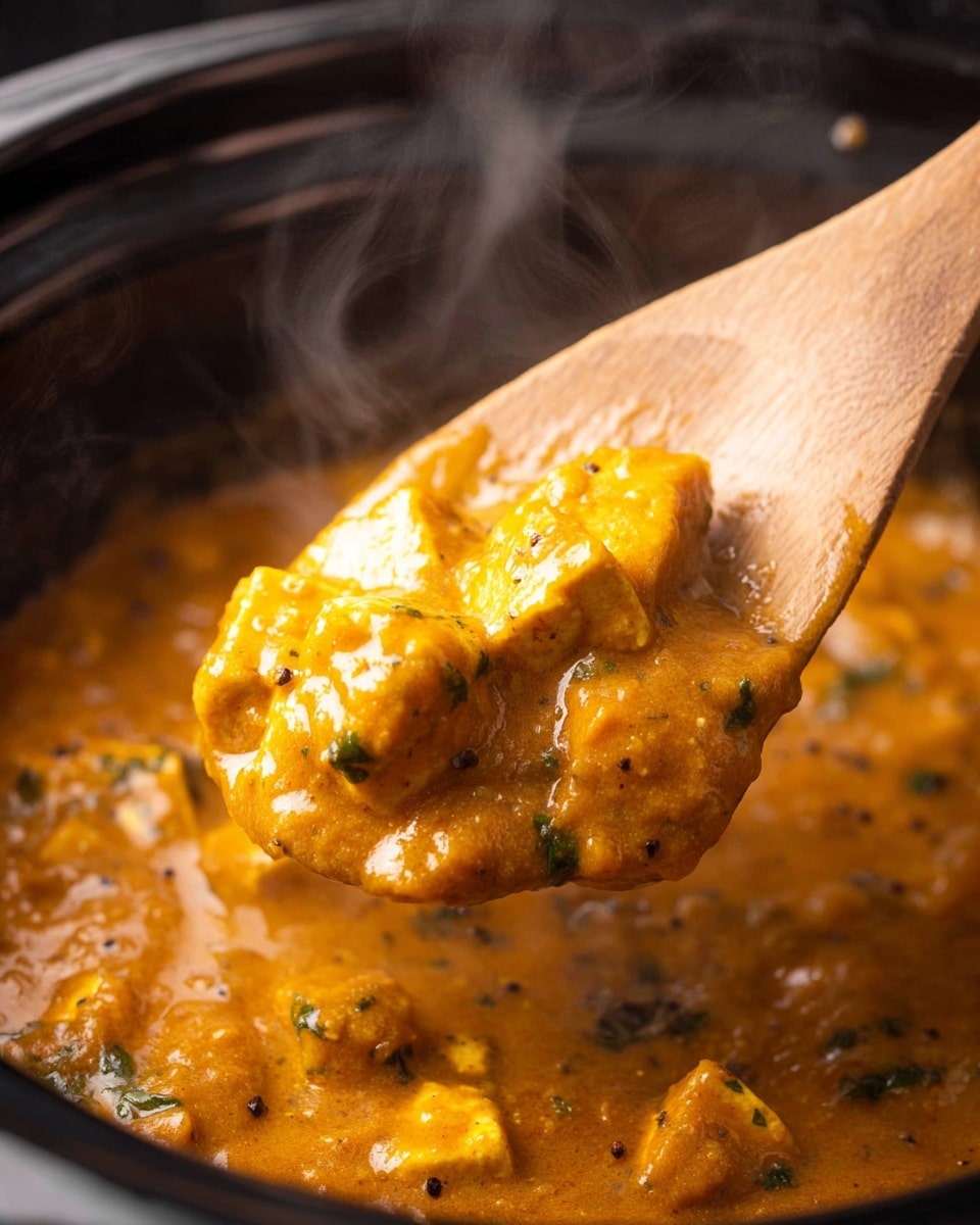 The dish shows a white bowl filled with three layers: a bottom layer of white rice with a soft, fluffy texture, a thick middle layer of orange-yellow creamy curry sauce with chunks of tender chicken and sprinkled with small green herb pieces, and on the top right side, two pieces of lightly browned, soft flatbread leaning against the side of the bowl. The bowl is placed on a white marbled surface with a beige and gray striped cloth partially underneath it, and two wooden pepper and salt grinders stand beside the bowl. photo taken with an iphone --ar 4:5 --v 7