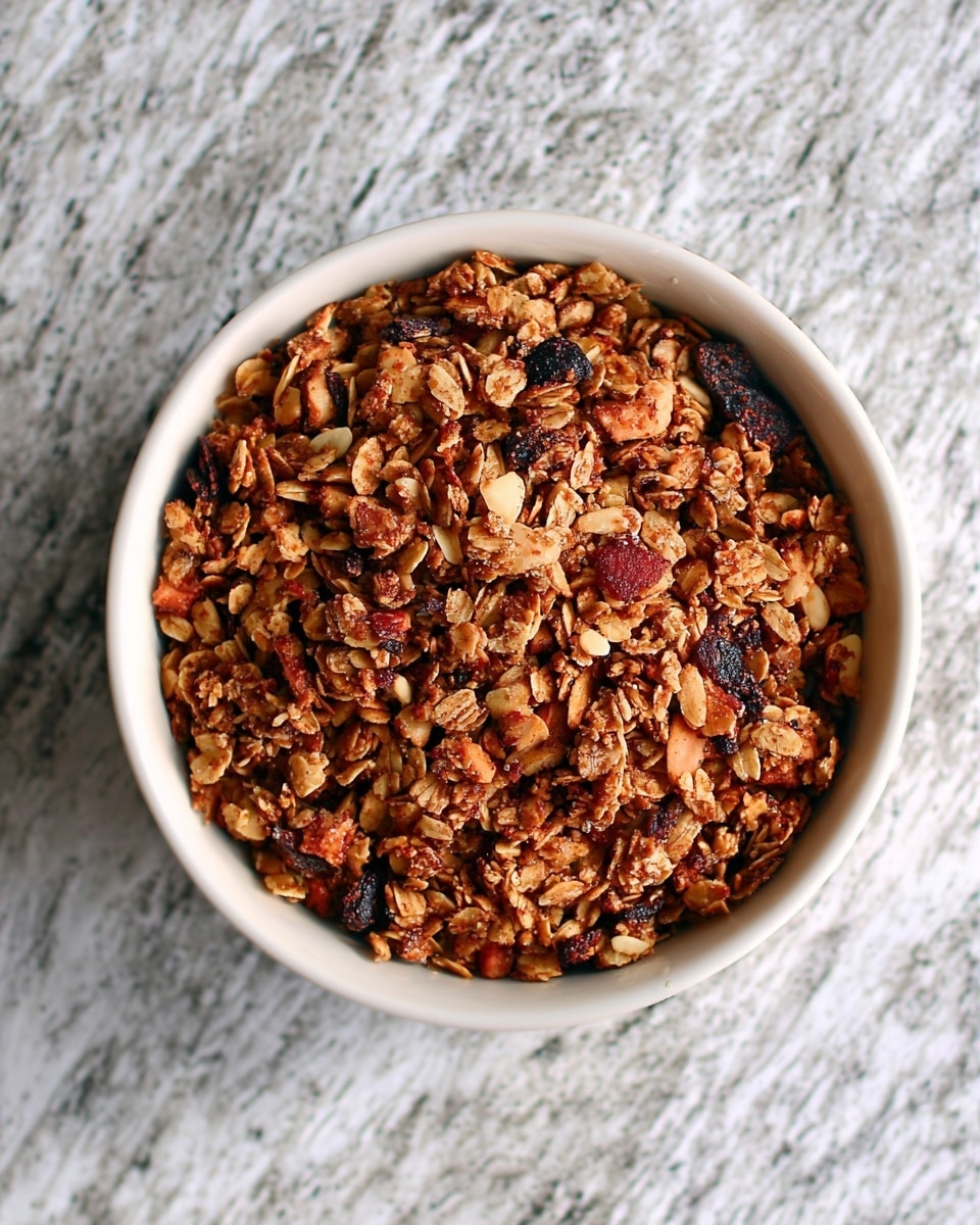 A white bowl filled with a smooth white yogurt base is topped with two main layers. On one side, there is a row of banana slices arranged neatly, each piece pale yellow with a soft texture. On the other side, there is a generous layer of crunchy granola with dark dried berries mixed in. A brown sauce is drizzled over both the banana slices and granola in thin lines that cross the yogurt in the center. A white spoon rests on the edge of the bowl. The bowl sits on a white marbled surface. photo taken with an iphone --ar 4:5 --v 7