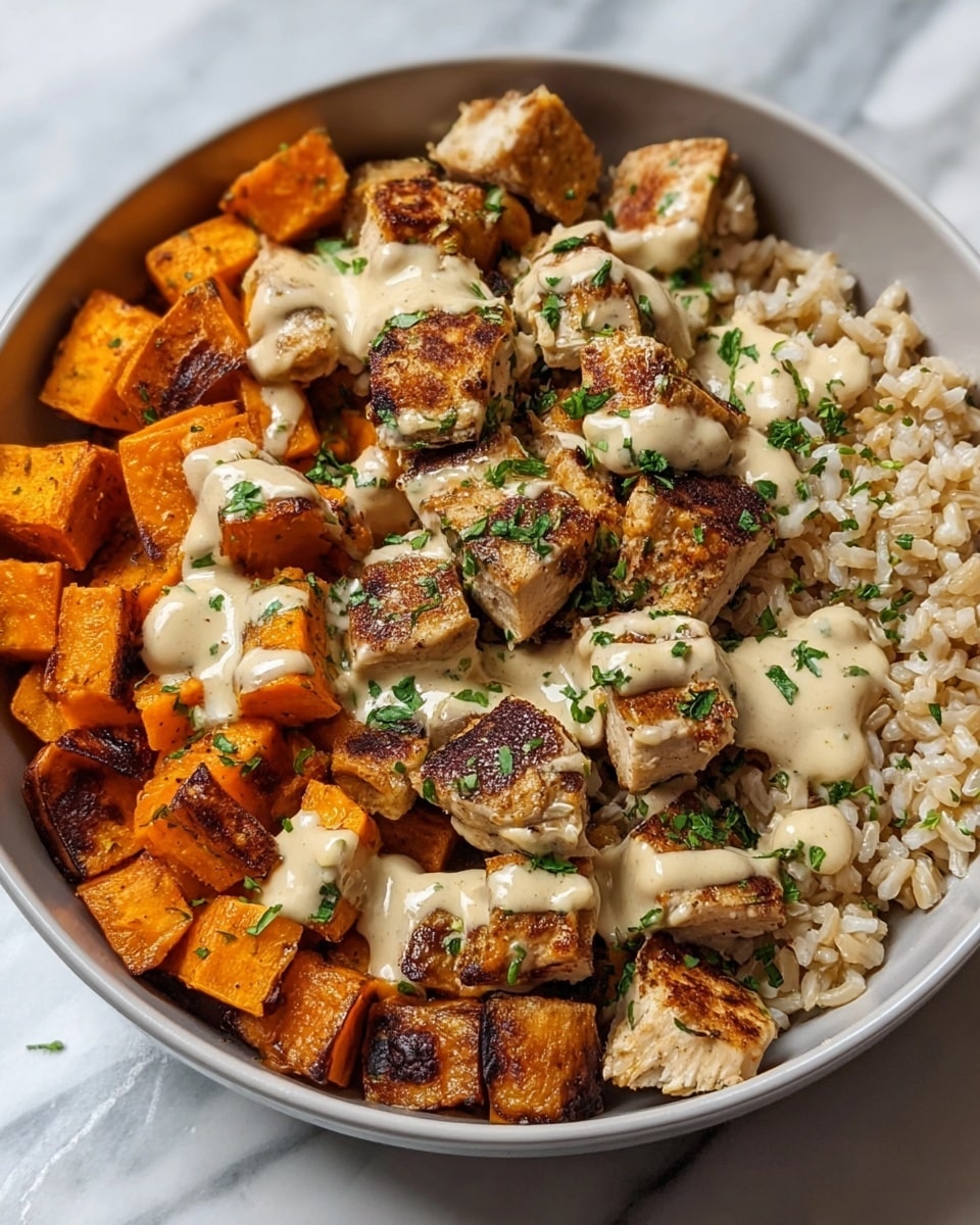 A wooden cutting board sits on a white marbled surface, with raw chicken breast in the center, seasoned with black pepper. Above the chicken are small piles of orange cubed sweet potatoes on the right and left. To the bottom right, there is a mound of white rice. On the top left corner, there are small white bowls with green herbs, garlic powder, and red paprika. Below these bowls are garlic cloves and basil leaves close to the chicken. A small heap of salt is just below the chicken breast. On the right side of the board next to the sweet potatoes is a glass bottle of olive oil and fresh sprigs of rosemary and thyme resting on the white marbled surface. photo taken with an iphone --ar 4:5 --v 7