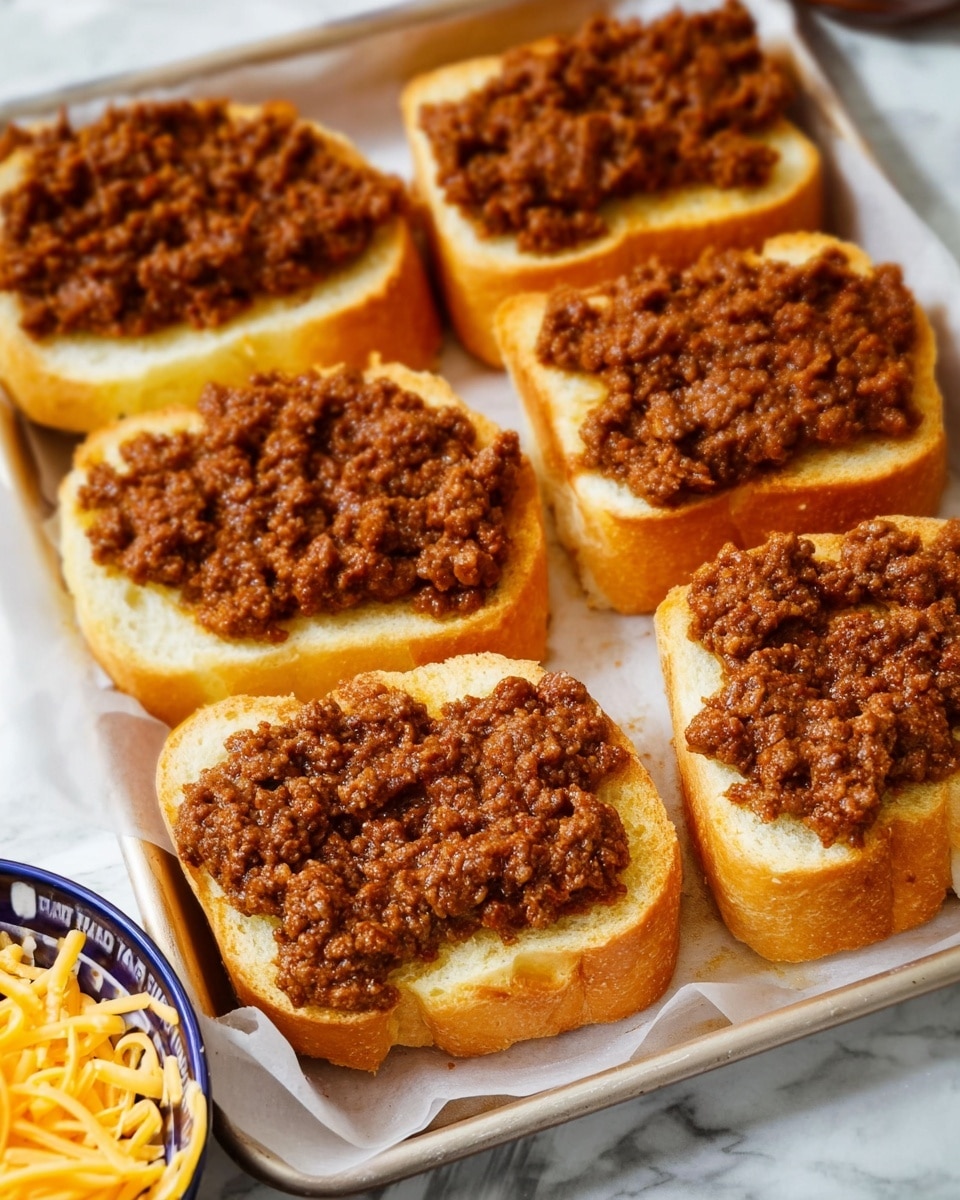 A close-up of an open-faced sandwich on a slice of toasted bread, placed on a white plate with ridged potato chips beside it. The sandwich has two layers: a thick, chunky layer of meat sauce with visible bits of ground meat and tomato, topped with a melted layer of golden and white shredded cheese, sprinkled lightly with green herbs. The plate rests on a green cloth with white flower patterns on a white marbled surface. In the background, more similar sandwiches are on a metal baking tray. A silver fork lies next to the sandwich. Photo taken with an iphone --ar 4:5 --v 7