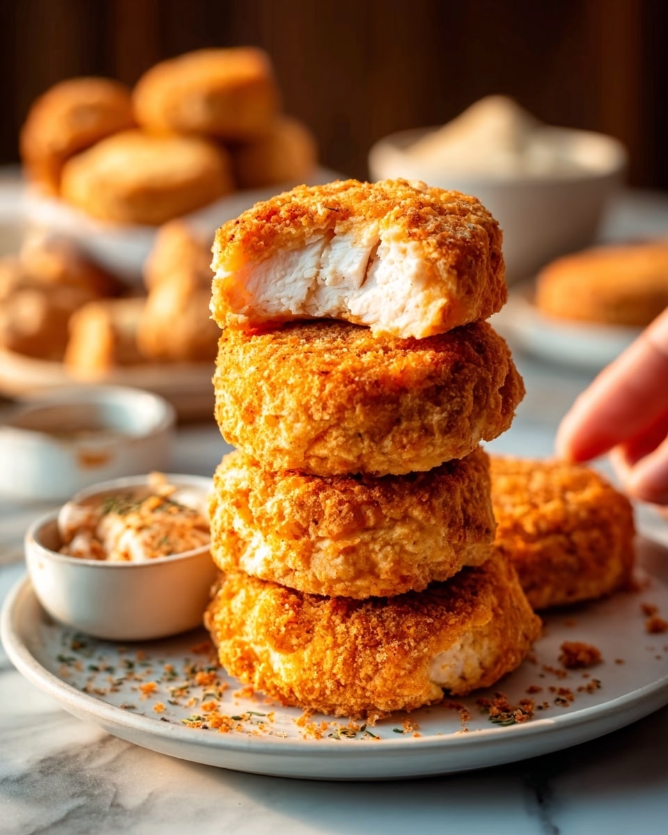 The image shows a stack of five round, golden-brown fried chicken biscuits with a crispy, crumbly texture. The top biscuit is broken open, revealing a white, tender chicken fillet inside with a juicy look. The stack sits on a white plate with a white marbled surface beneath. In the background, there are small white bowls filled with crumbs and seasoning, along with extra biscuits that are slightly out of focus. The lighting is warm, highlighting the crunchy texture of the biscuits and the soft chicken inside. A woman's hand is gently touching one biscuit on the plate. Photo taken with an iphone --ar 4:5 --v 7